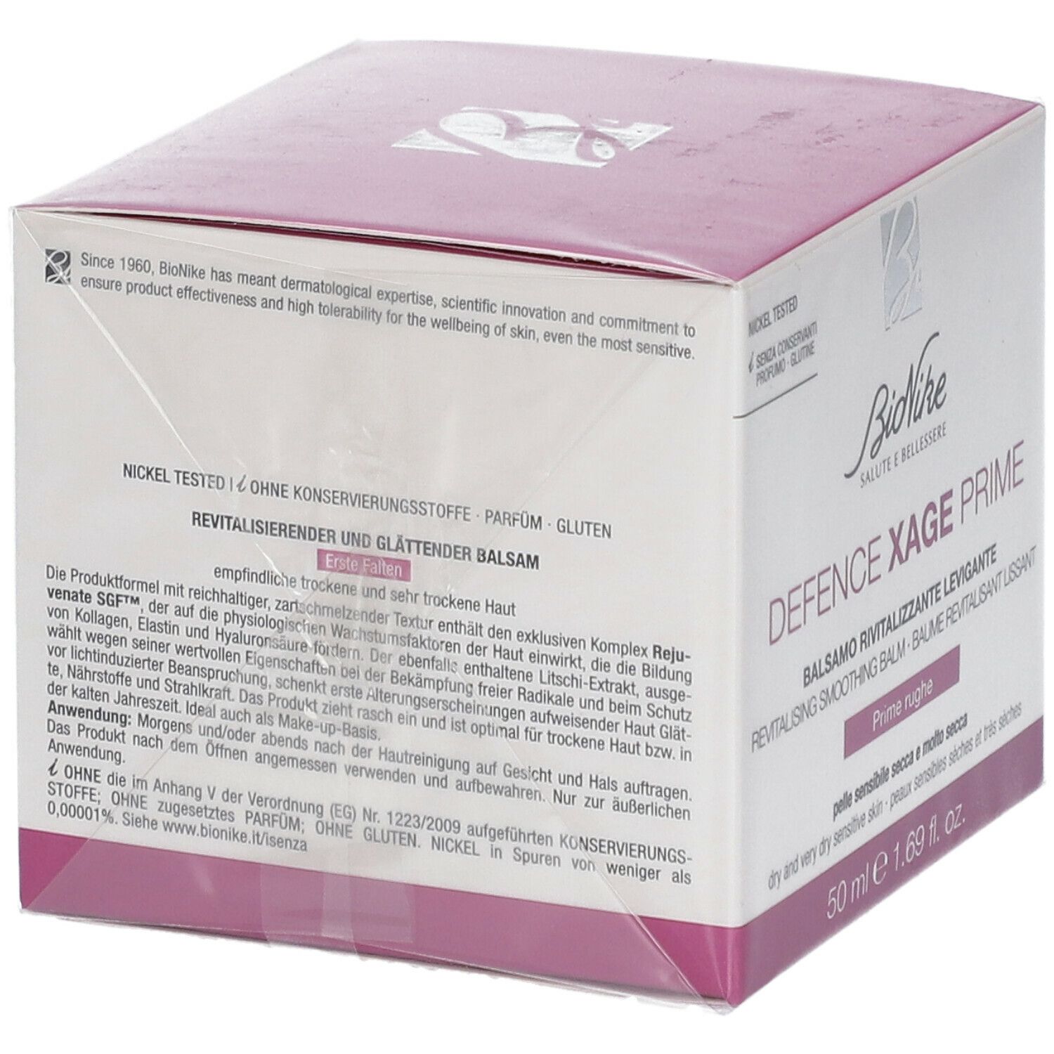 BioNike DEFENCE XAGE Prime verpakking. Wit, roze en paars. Tekst en logo. Nickel Tested.