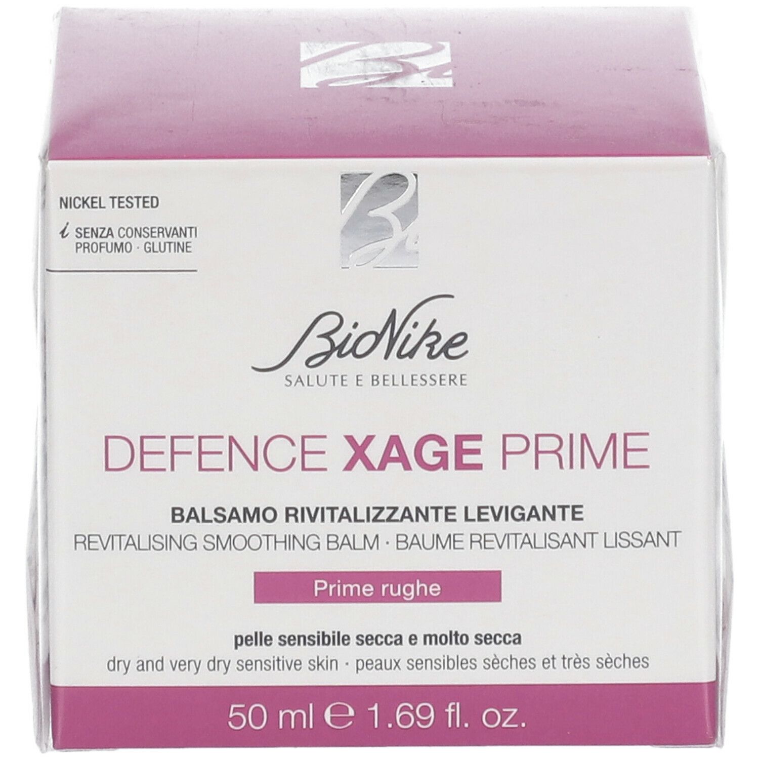 BioNike DEFENCE XAGE Prime verpakking. Wit, roze en paars. Tekst: Balsamo Rivitalizzante Levigante, 50 ml.