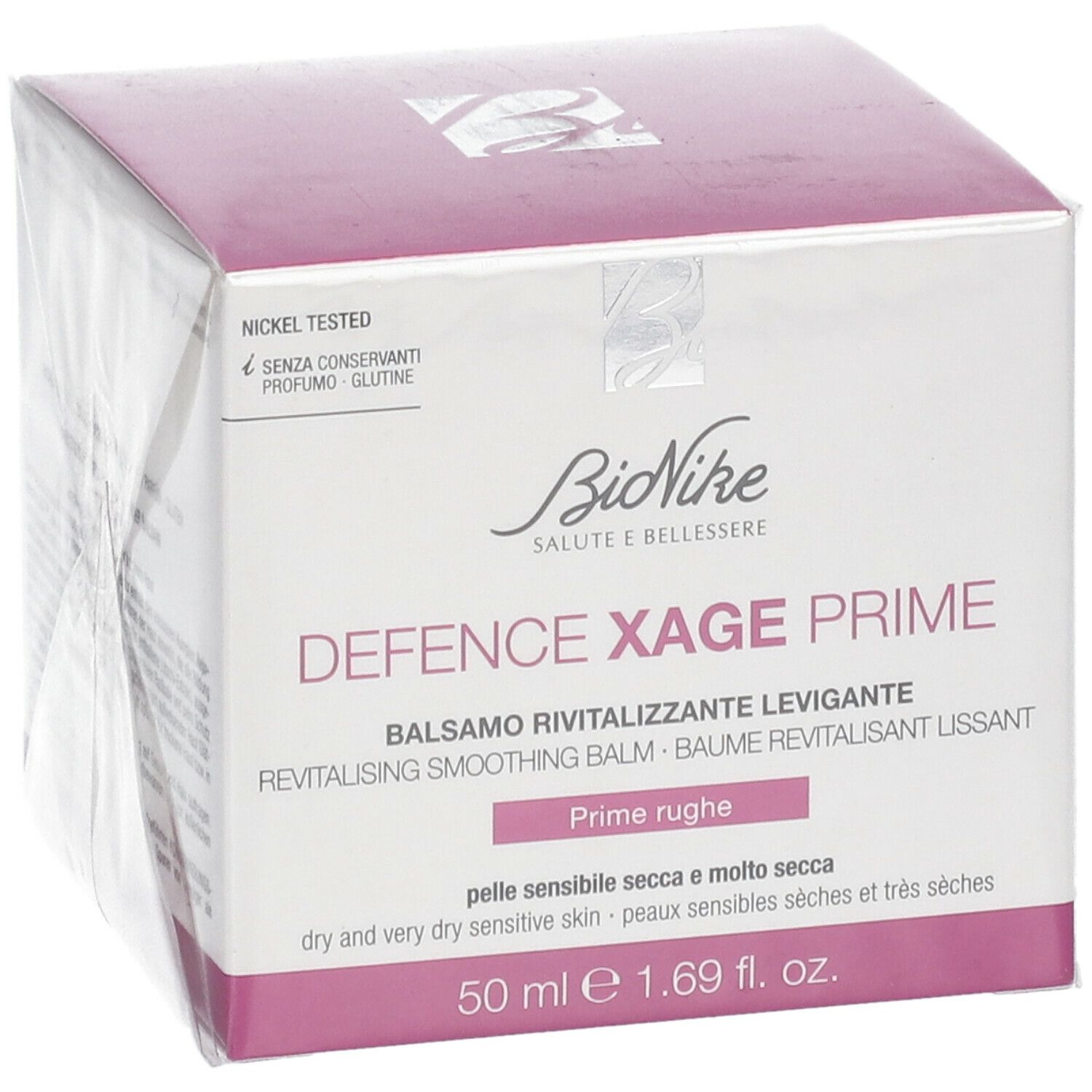BioNike DEFENCE XAGE Prime verpakking. Wit, roze en paars. Tekst: Balsamo Rivitalizzante Levigante, 50 ml.