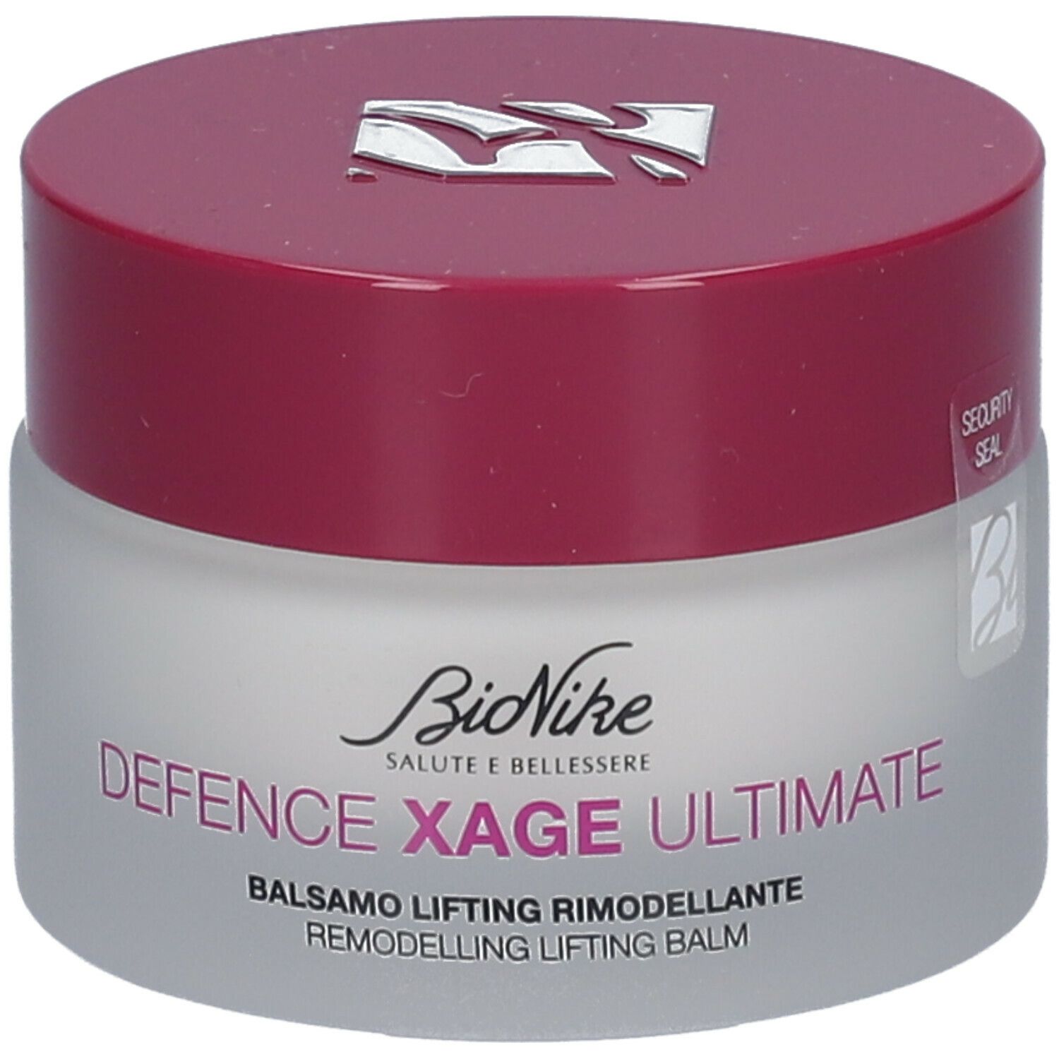 Pot de crème avec couvercle rouge. Inscription: BioNike DEFENCE XAGE ULTIMATE. Balsamo Lifting Rimodellante.