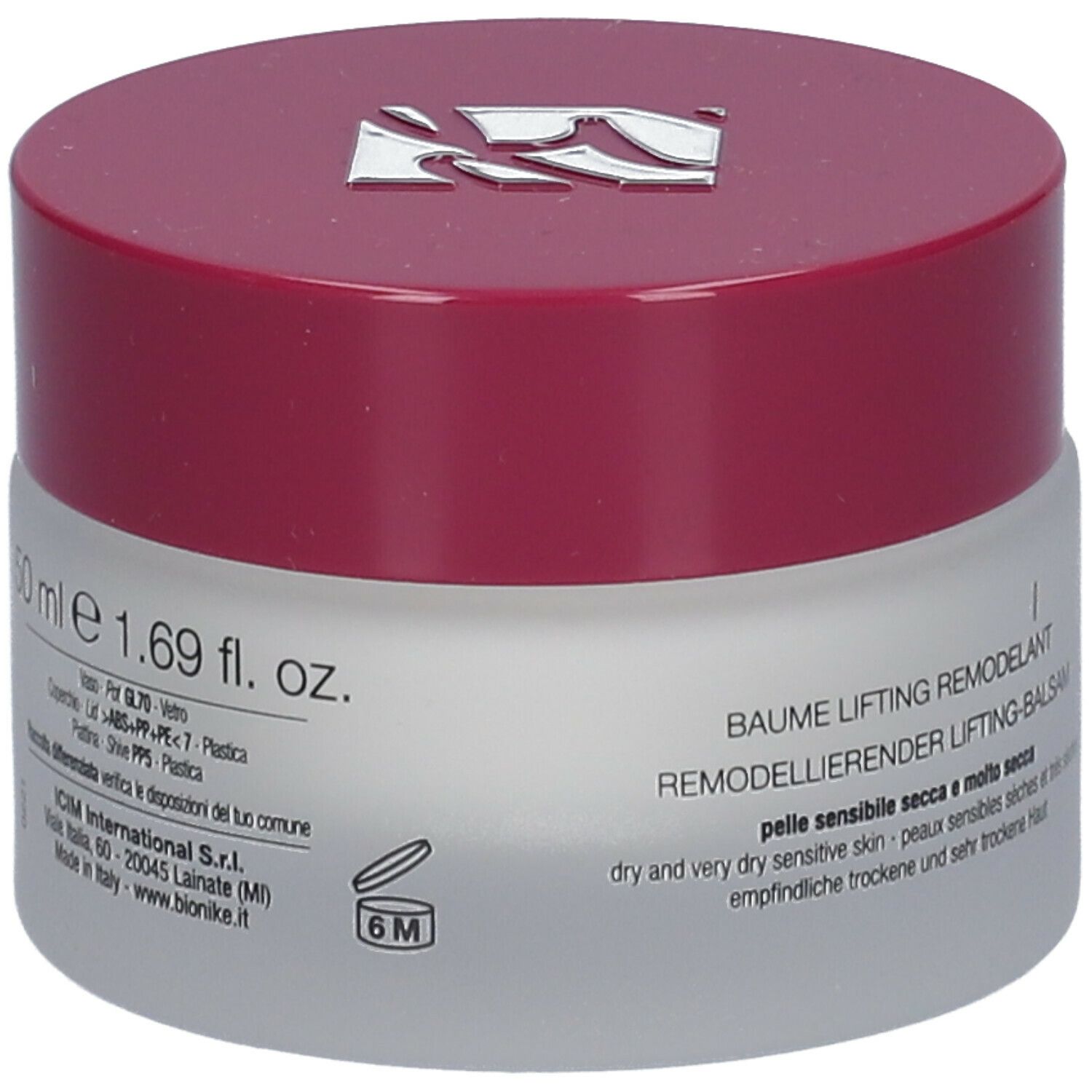 Pot de crème avec couvercle rouge. Inscription: 50 ml e 1.69 fl. oz. Texte: Baume Lifting Remodelant. Pour peaux sèches et très sèches.