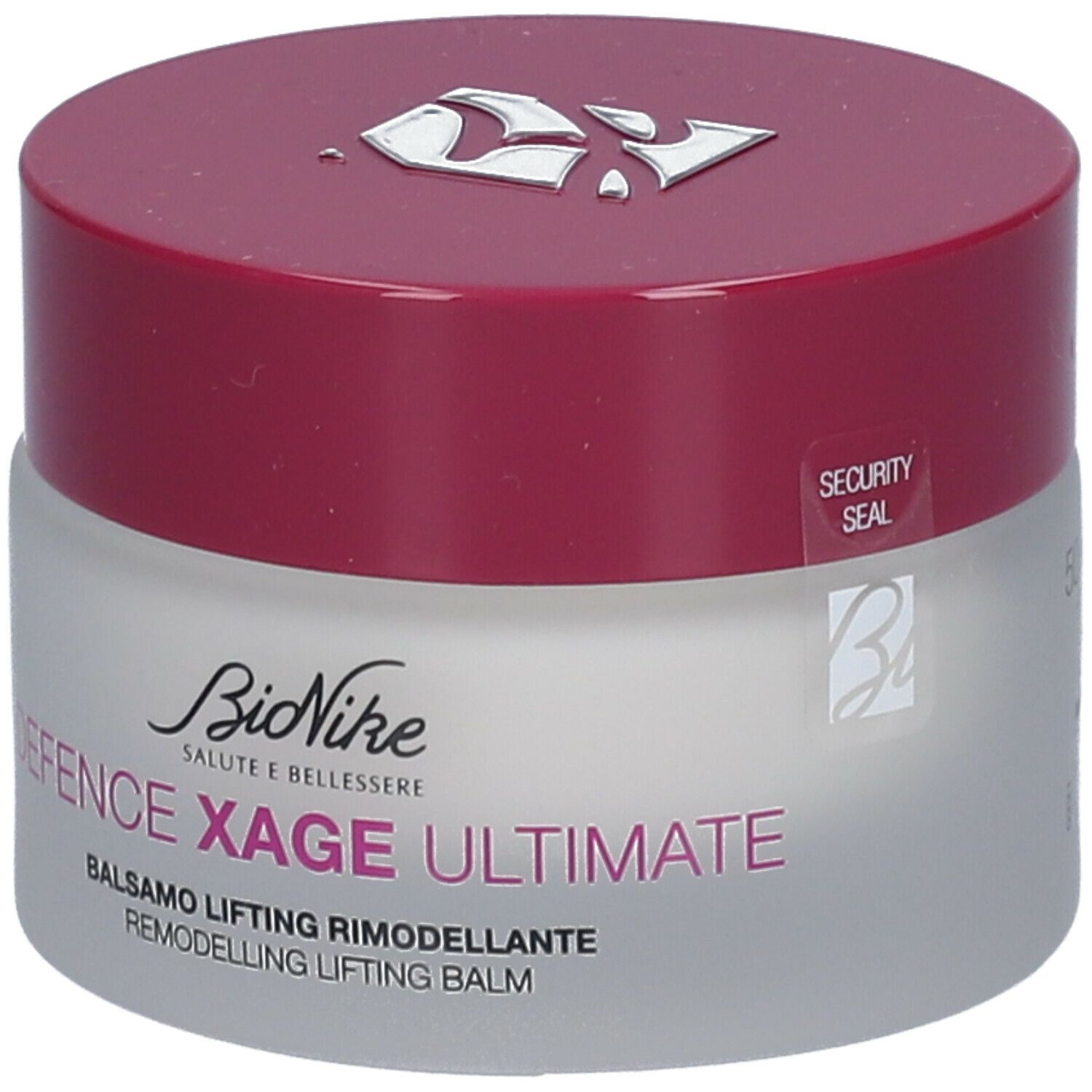 Pot de crème avec couvercle rouge. Inscription: BioNike DEFENCE XAGE ULTIMATE. Balsamo Lifting Rimodellante.