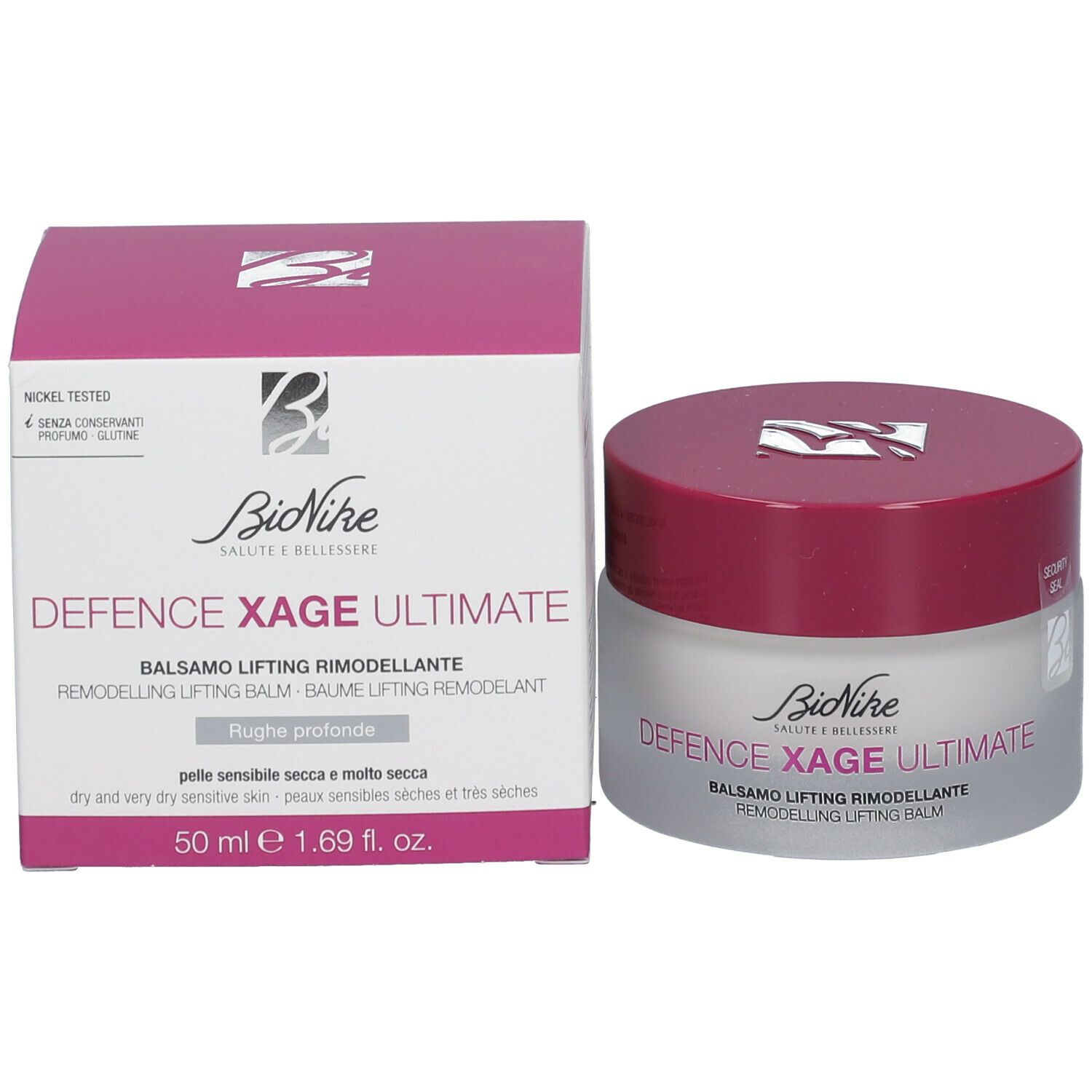 Emballage du produit avec pot de crème. Inscription: BioNike DEFENCE XAGE ULTIMATE. 50 ml e 1.69 fl. oz. Testé au nickel.