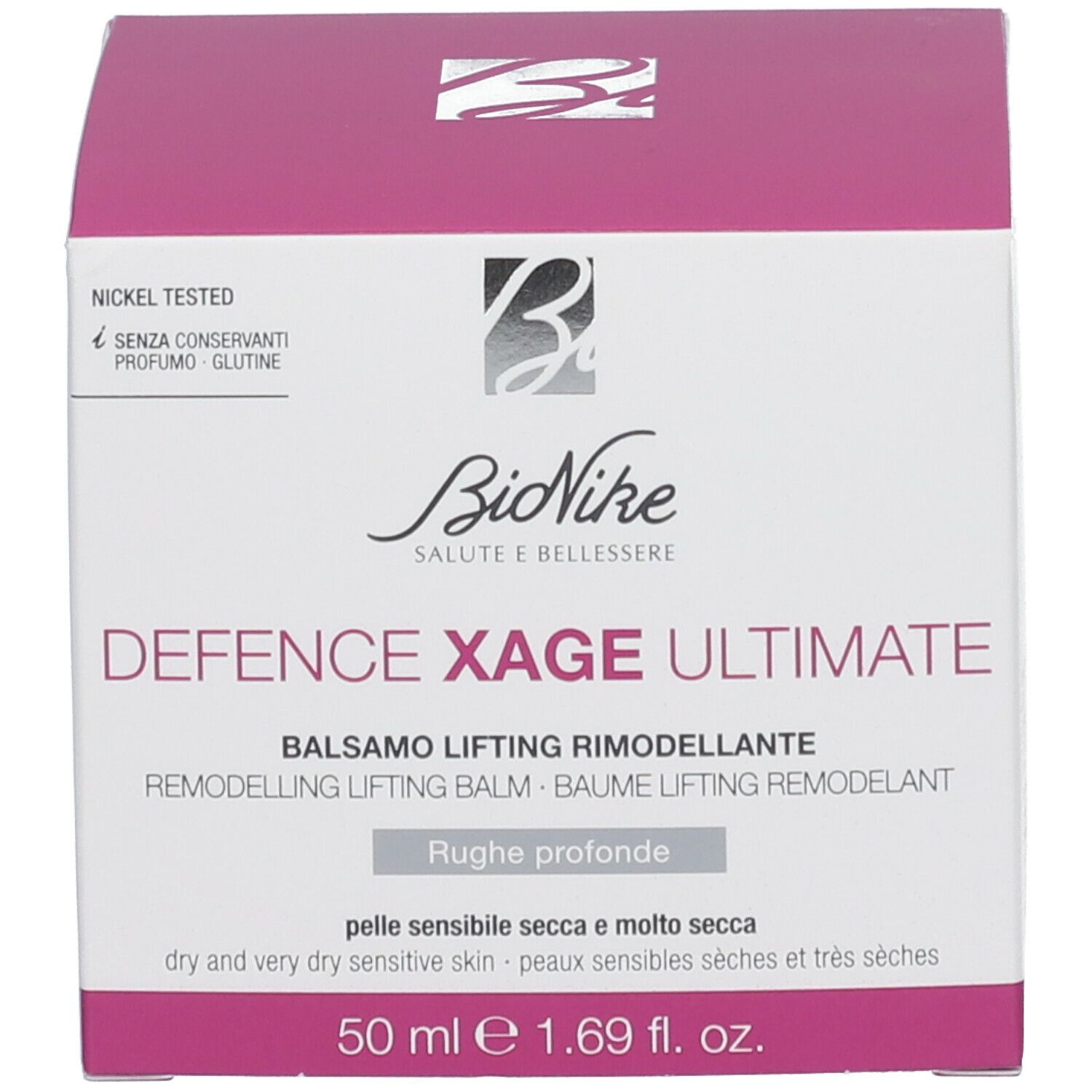 Emballage du produit. Inscription: BioNike DEFENCE XAGE ULTIMATE. 50 ml e 1.69 fl. oz. Testé au nickel.