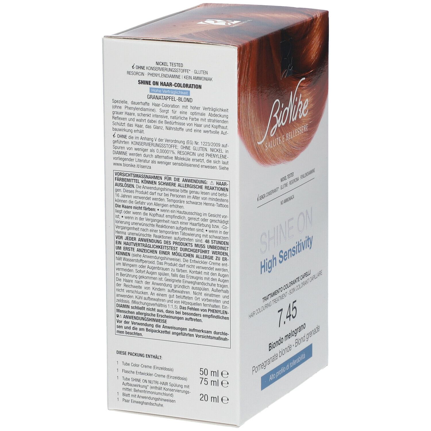 BioNike SHINE ON High Sensitivity 7.45 haarverfdoos. Zijzicht met tekst en informatie. Opschrift: Biondo melograno.