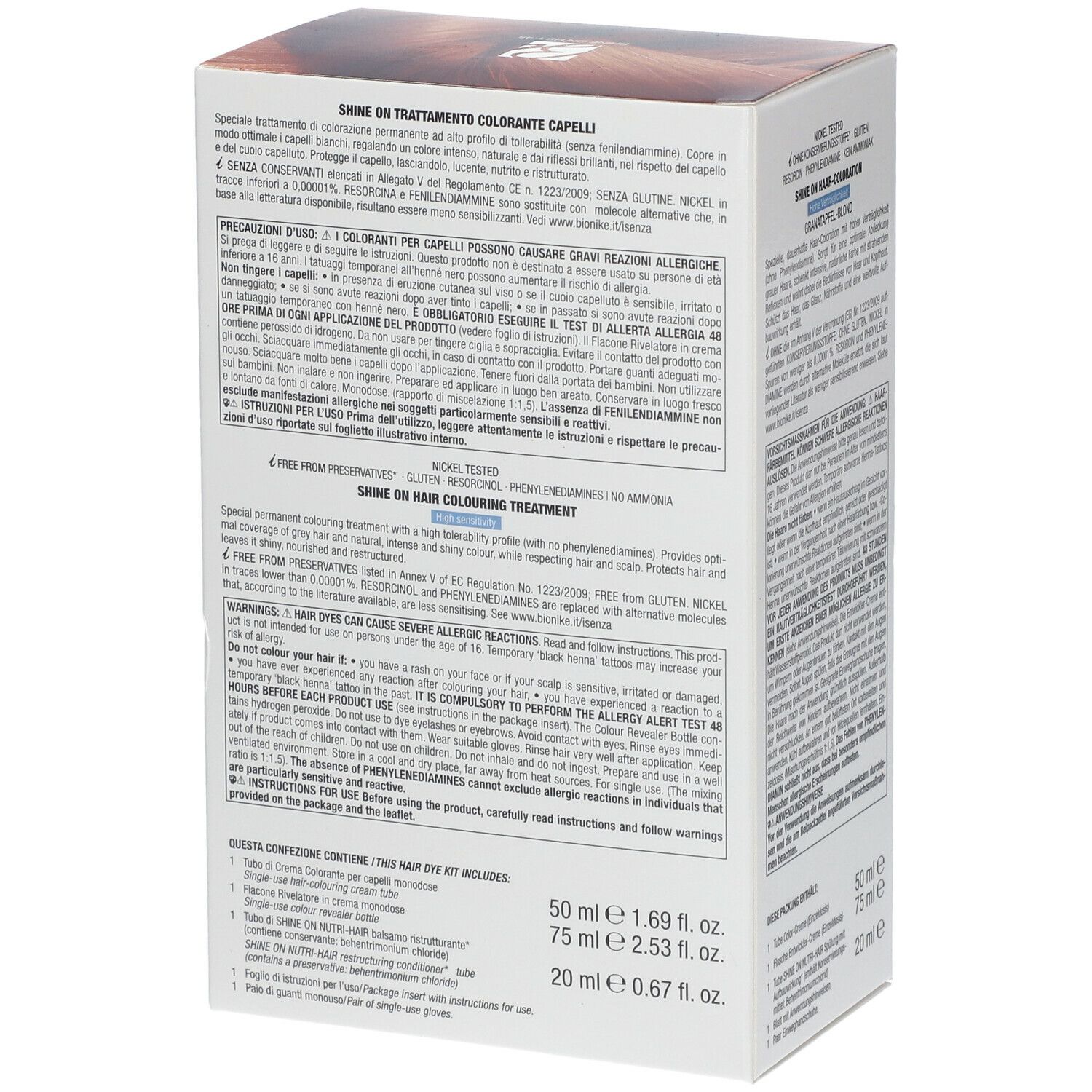 BioNike SHINE ON High Sensitivity 7.45 haarverfdoos. Achterkant met tekst en informatie. Bevat 50ml crème.