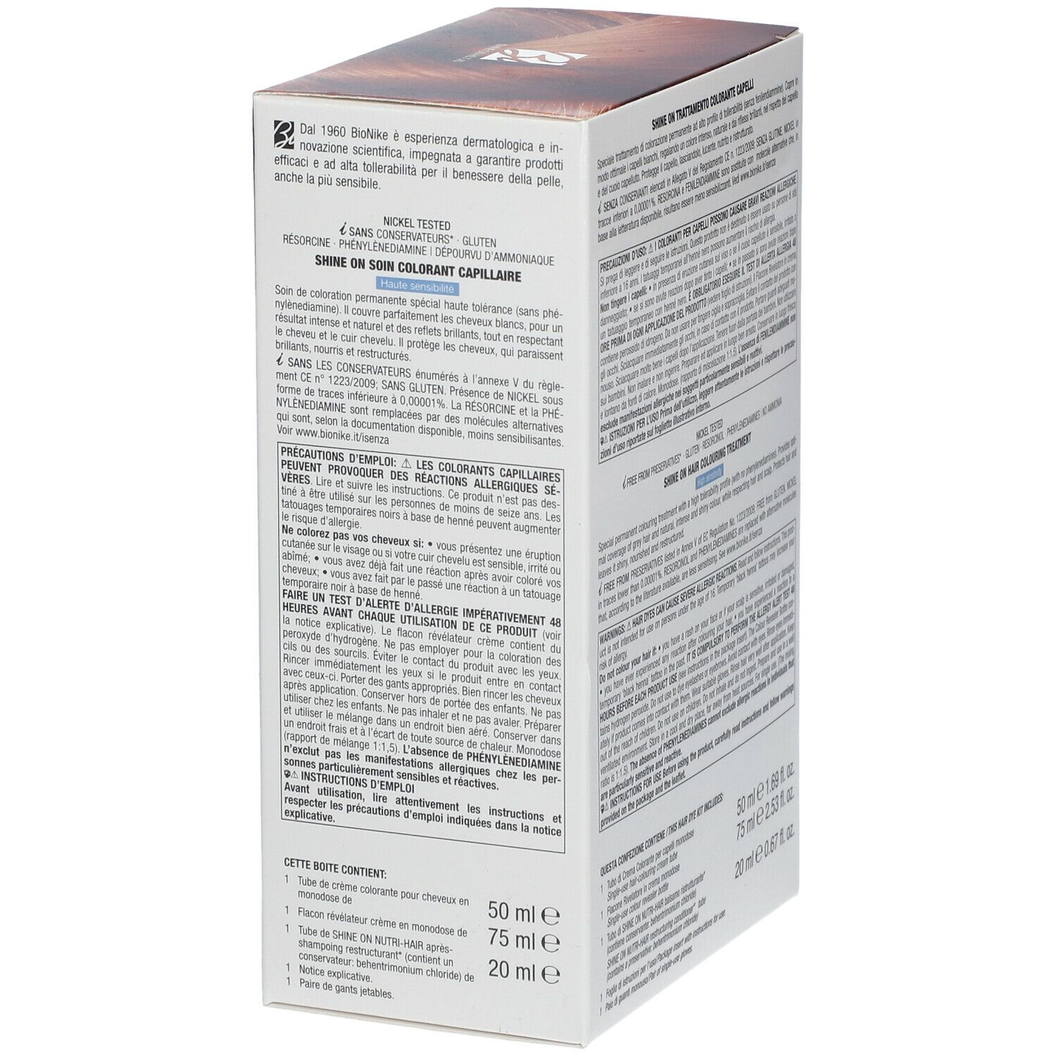 BioNike SHINE ON High Sensitivity 7.45 haarverfdoos. Zijzicht met tekst en informatie. Bevat 50ml crème.