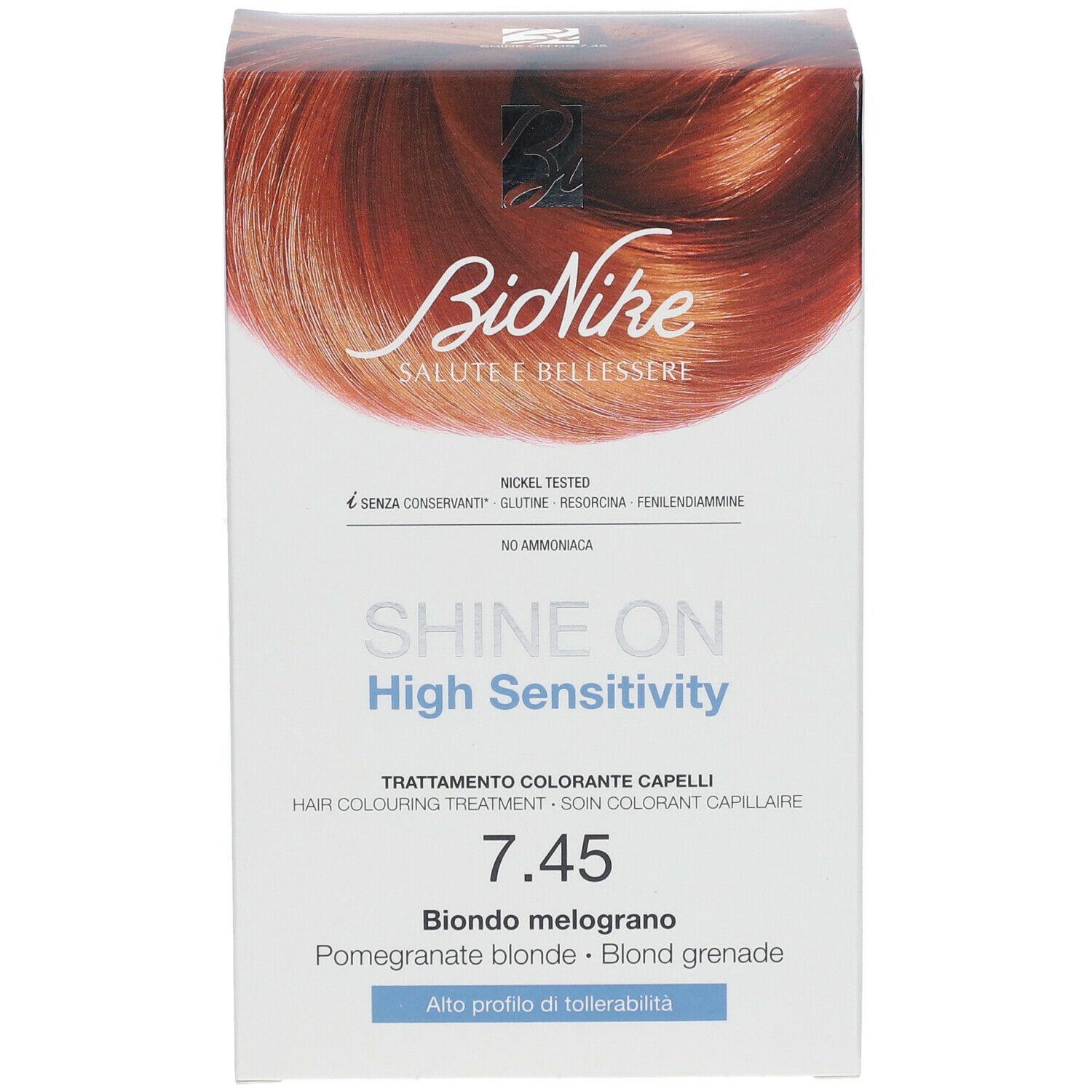 BioNike SHINE ON High Sensitivity 7.45 haarverfdoos. Vooraanzicht met productafbeelding. Opschrift: Biondo melograno, Blond grenade.