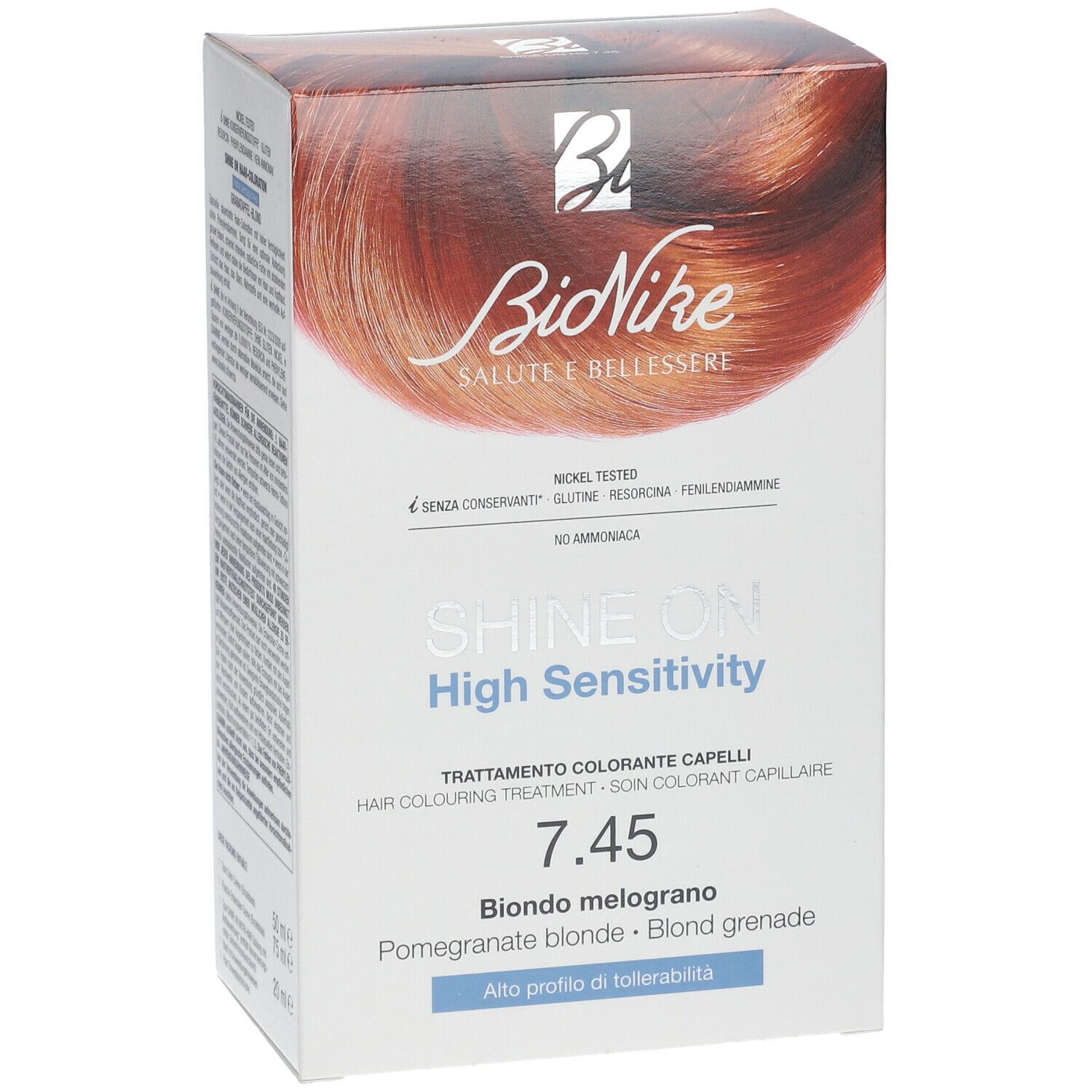 BioNike SHINE ON High Sensitivity 7.45 haarverfdoos. Schuin aanzicht met productafbeelding. Opschrift: Biondo melograno, Blond grenade.