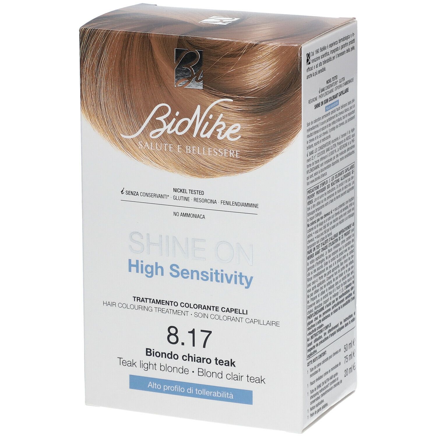 BioNike SHINE ON 8.17 Helles Blond. Kartonverpackung mit Produktabbildung und Schriftzug. Enthält Text in mehreren Sprachen.