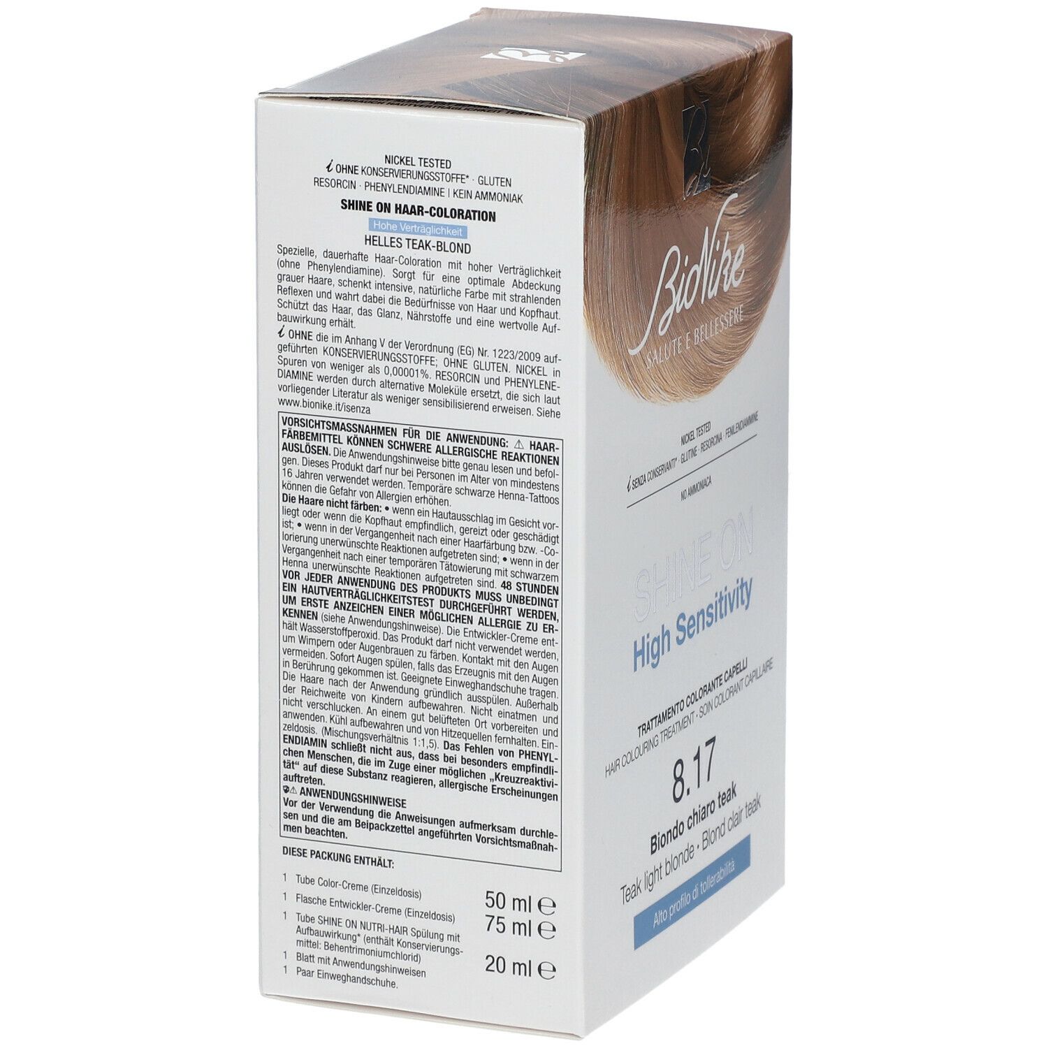 BioNike SHINE ON 8.17 Helles Blond. Verpackung mit Produktinformationen. Text in mehreren Sprachen. Nickel getest.