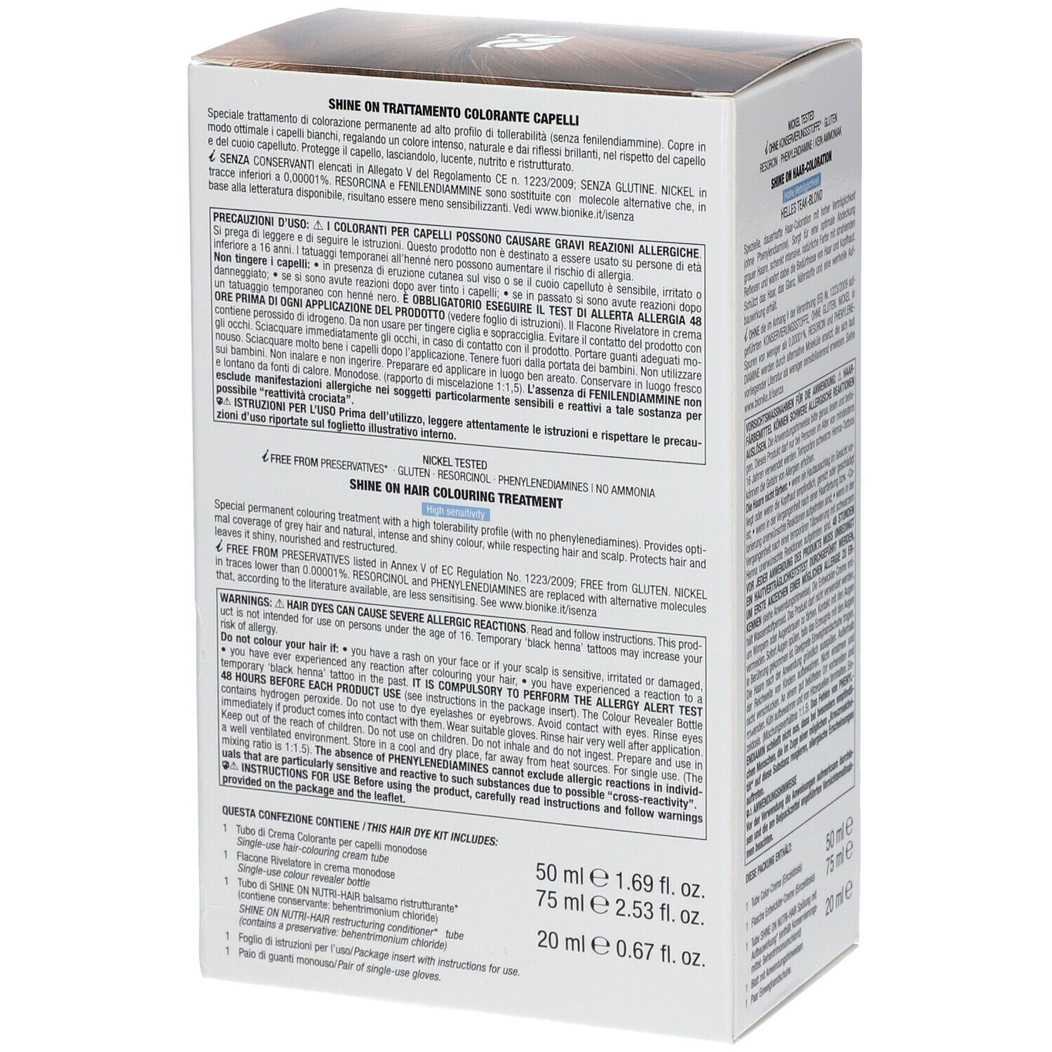 BioNike SHINE ON 8.17 Helles Blond. Verpackung mit Produktinformationen. Text in mehreren Sprachen. Nickel getest.