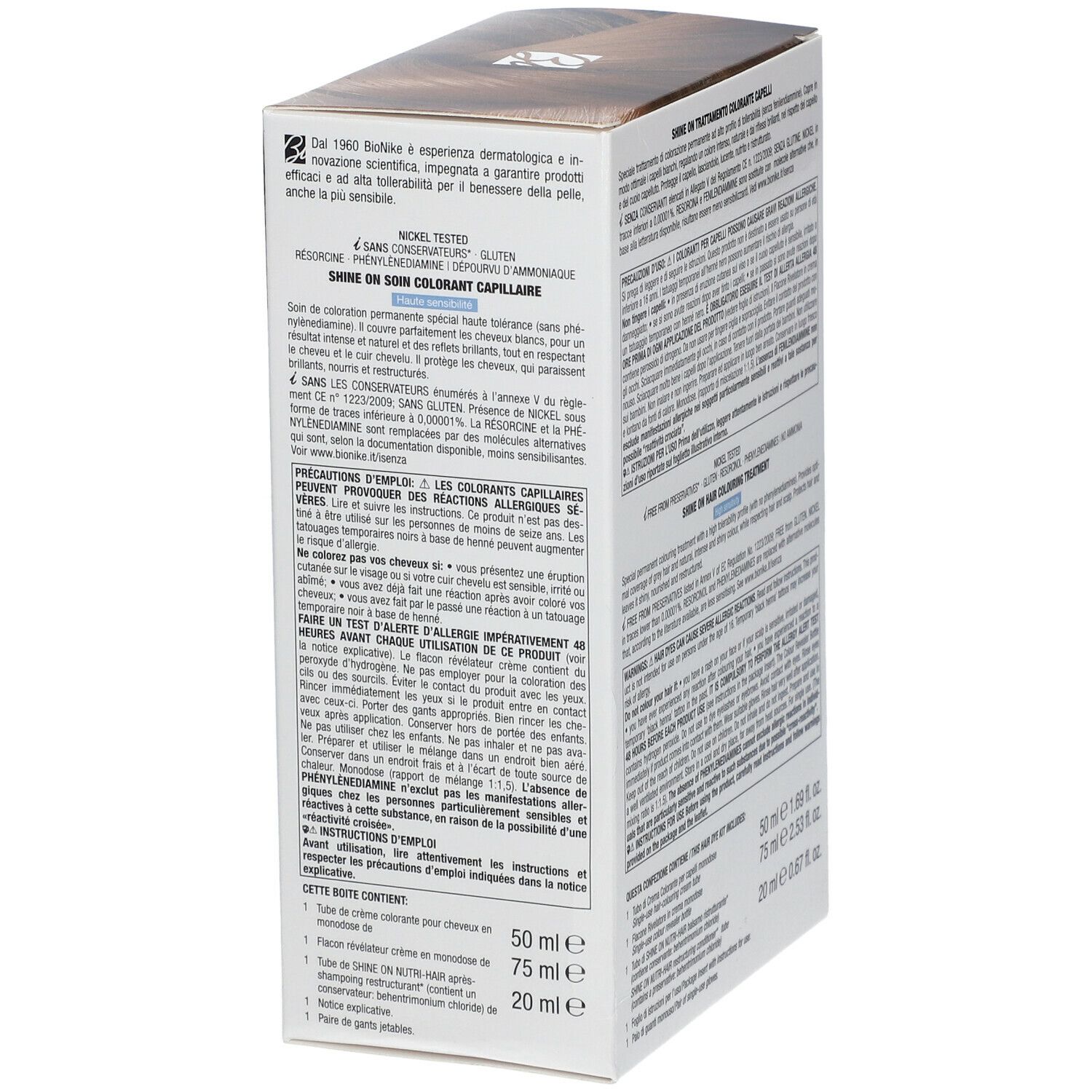 BioNike SHINE ON 8.17 Helles Blond. Verpackung mit Produktinformationen. Text in mehreren Sprachen. Nickel getest.