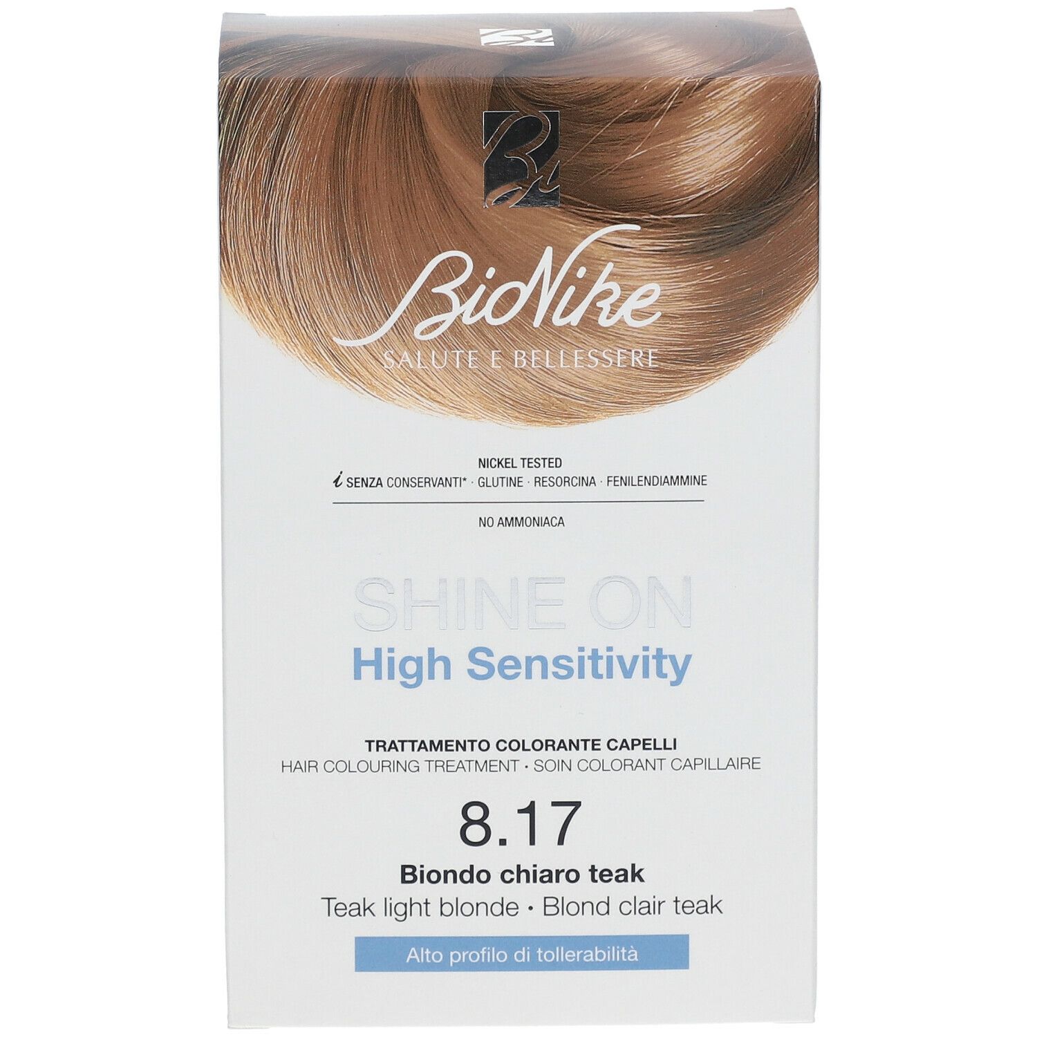 BioNike SHINE ON 8.17 Helles Blond. Kartonverpackung mit Produktabbildung und Schriftzug. Enthält Text in mehreren Sprachen.