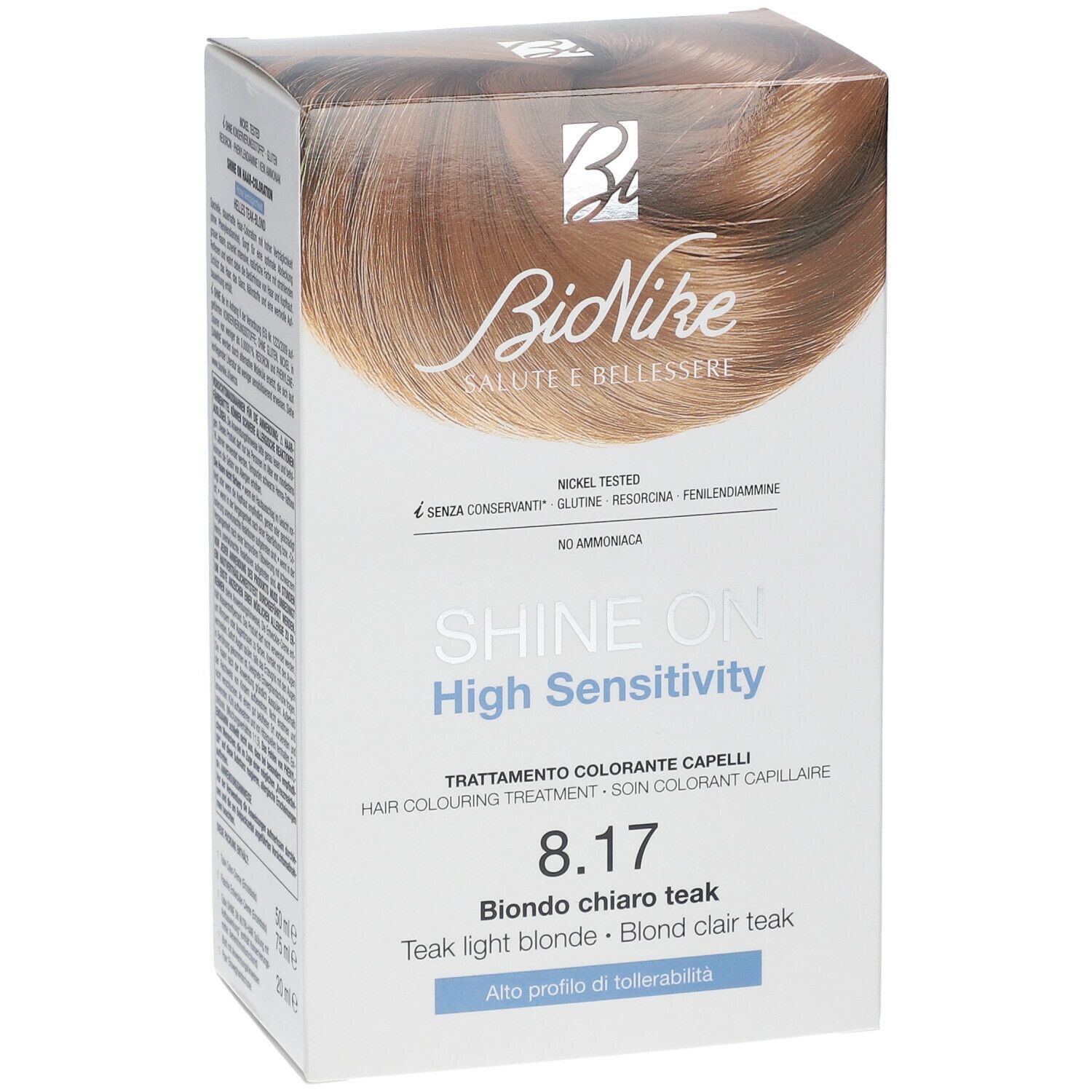 BioNike SHINE ON 8.17 Helles Blond. Kartonverpackung mit Produktabbildung und Schriftzug. Enthält Text in mehreren Sprachen.