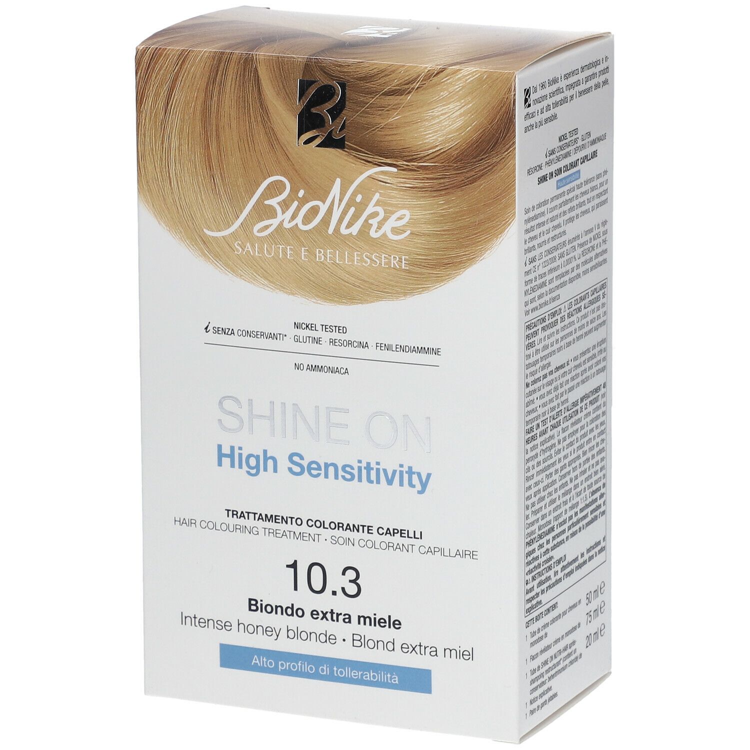 BioNike SHINE ON High Sensitivity 10.3 Honigblond. Karton mit Produktabbildung und Schriftzug. Enthält Informationen zur Zusammensetzung.