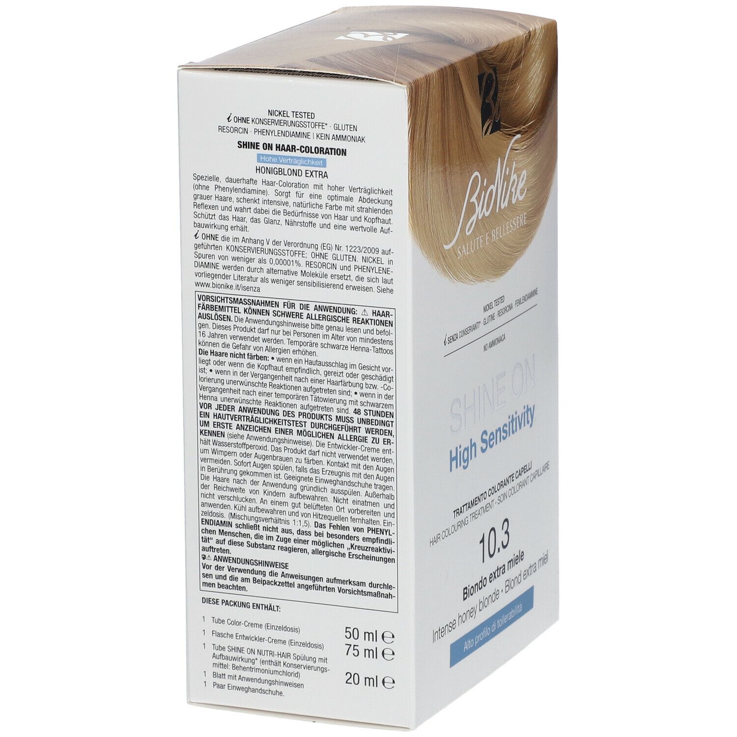 BioNike SHINE ON High Sensitivity 10.3 Honigblond. Seitenansicht der Verpackung. Enthält Produktinformationen und Inhaltsstoffe.