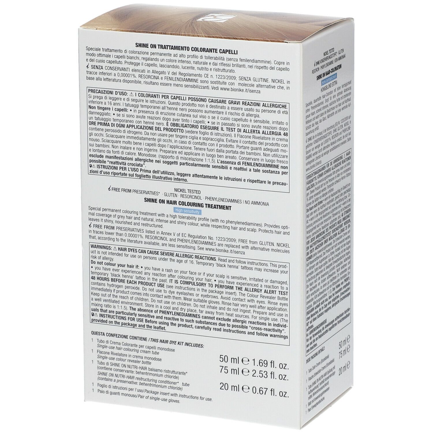 BioNike SHINE ON High Sensitivity 10.3 Honigblond. Verpackung mit Produktinformationen und Inhaltsstoffen. Enthält Text in mehreren Sprachen.