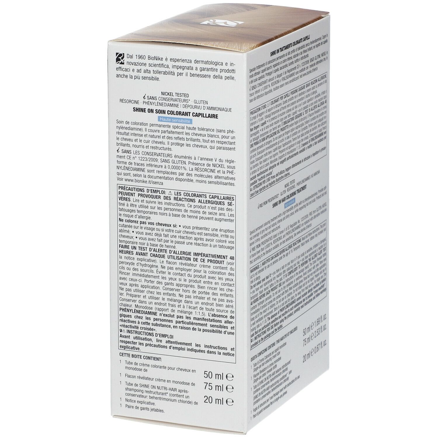 BioNike SHINE ON High Sensitivity 10.3 Honigblond. Verpackung mit Produktinformationen und Inhaltsstoffen. Enthält Text in mehreren Sprachen.