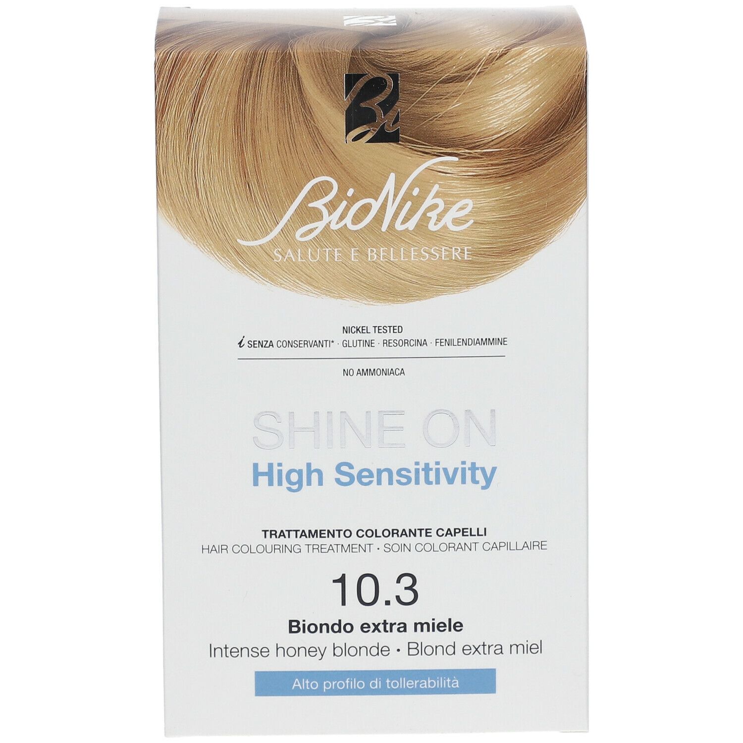 BioNike SHINE ON High Sensitivity 10.3 Honigblond. Vorderansicht der Verpackung. Produktname und Farbton deutlich sichtbar.