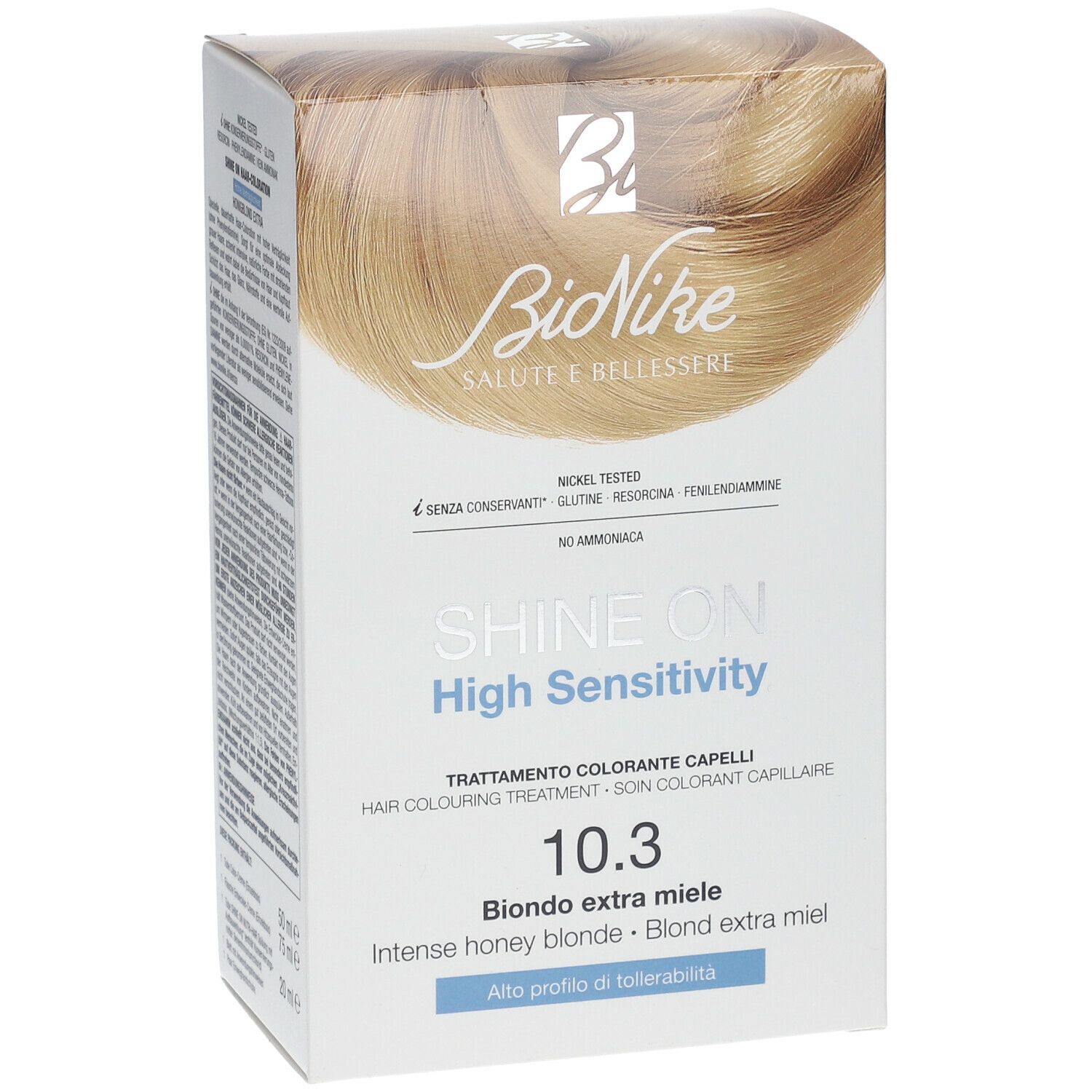 BioNike SHINE ON High Sensitivity 10.3 Honigblond. Verpackung, leicht schräg. Produktname und Farbton deutlich sichtbar.