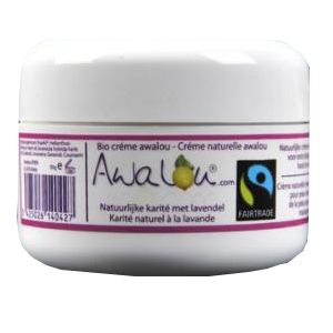 Witte pot met roze etiket. Opschrift: Awalou, bio crème, Fairtrade-label. Tekst in het Frans en Nederlands.