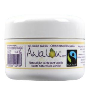 Witte pot met geel etiket. Opschrift: Awalou, bio crème, Fairtrade label. Barcode.