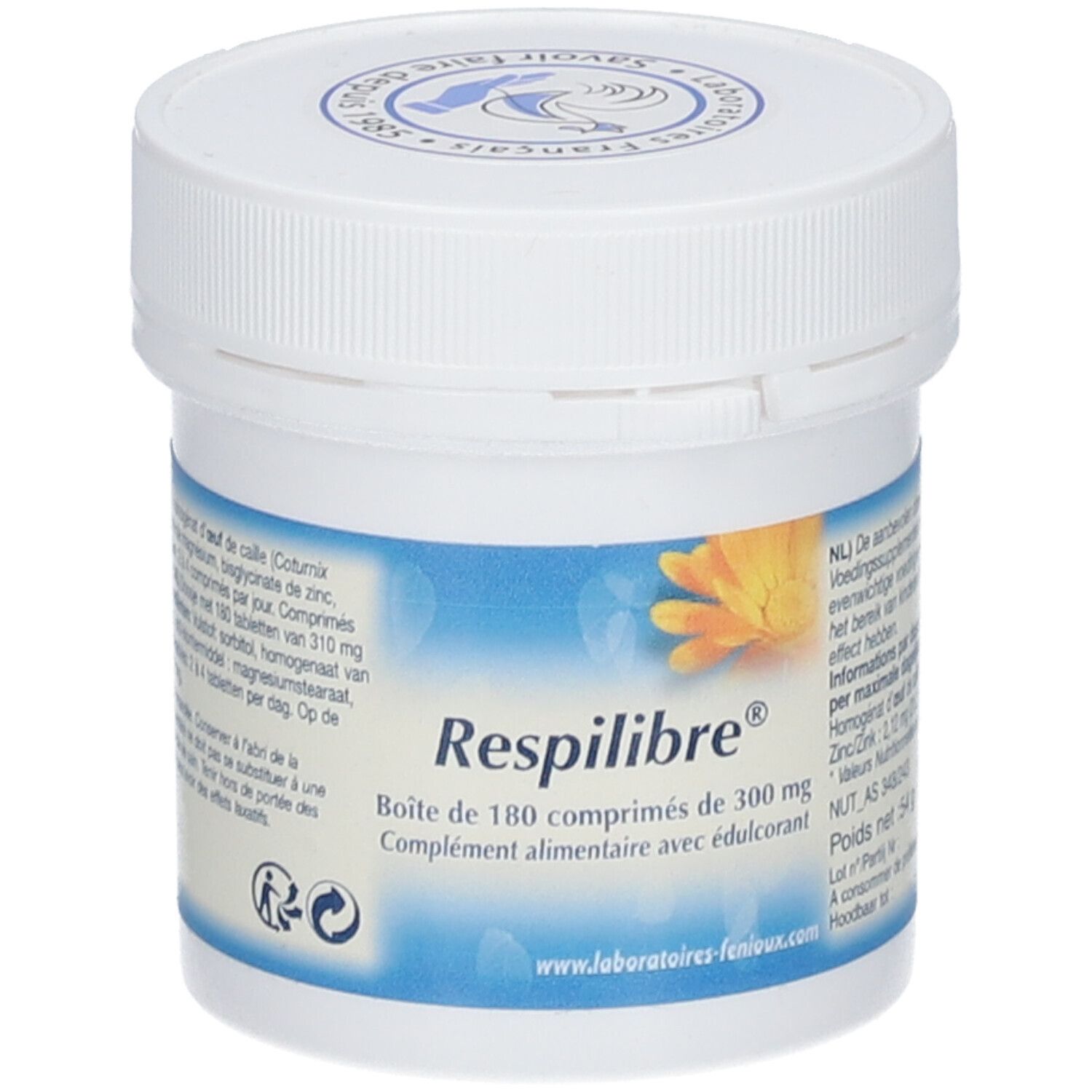 Boîte blanche Respilibre® avec 180 comprimés. Inscriptions en français et néerlandais. Couvercle avec logo.