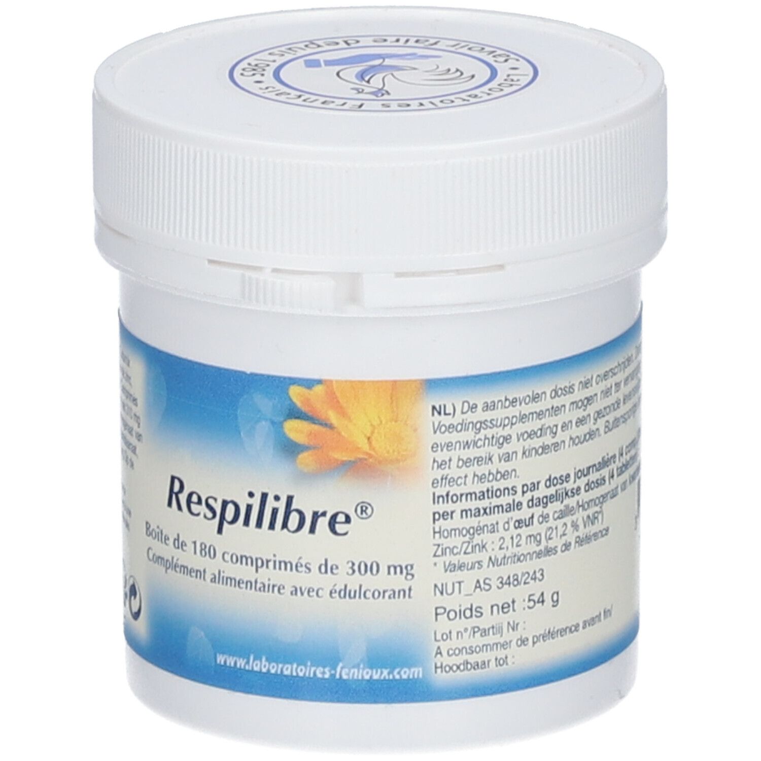 Boîte blanche Respilibre® avec 180 comprimés. Inscriptions en français et néerlandais. Couvercle avec logo.
