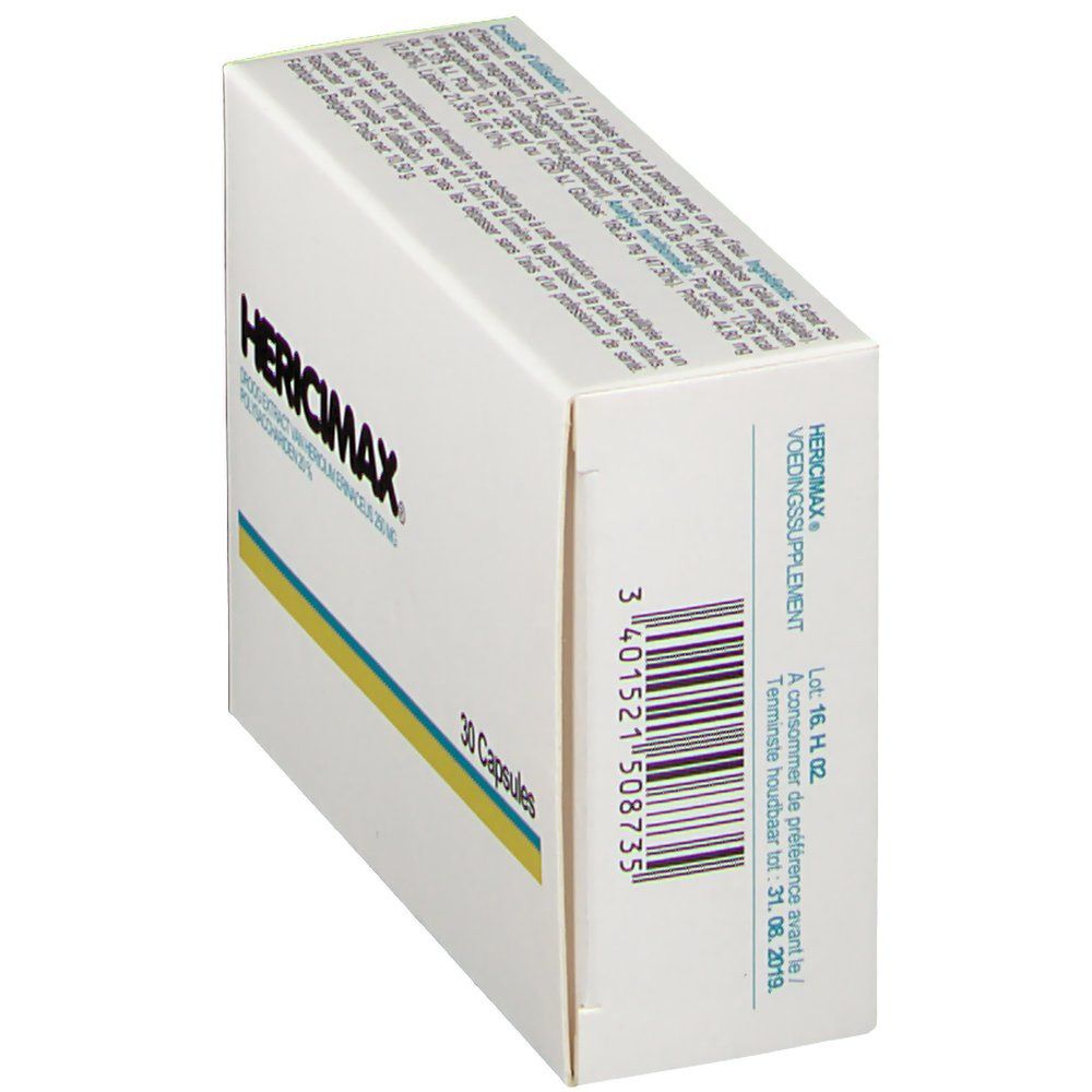 Emballage Hericimax, vue latérale. Boîte blanche avec code-barres et texte. Contient 30 capsules. Texte: Voedingssupplement. À consommer de préférence avant le 31.08.2019.