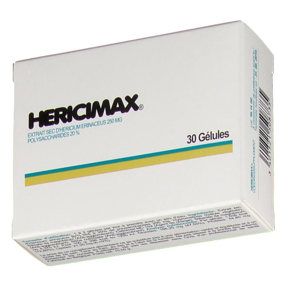 Emballage Hericimax, en biais. Boîte blanche avec logo et texte. Contient 30 gélules. Bande jaune et bleue. Texte: Extrait sec d'Hericium Erinaceus 250 mg, Polysaccharides 20%.