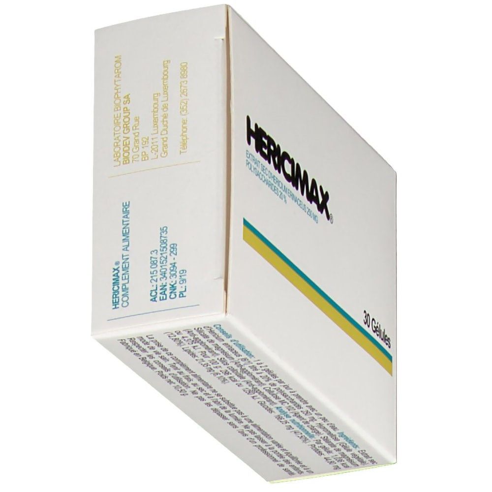 Emballage Hericimax, en biais. Boîte blanche avec logo et texte. Contient 30 gélules. Texte: Complément Alimentaire. Adresse du fabricant.