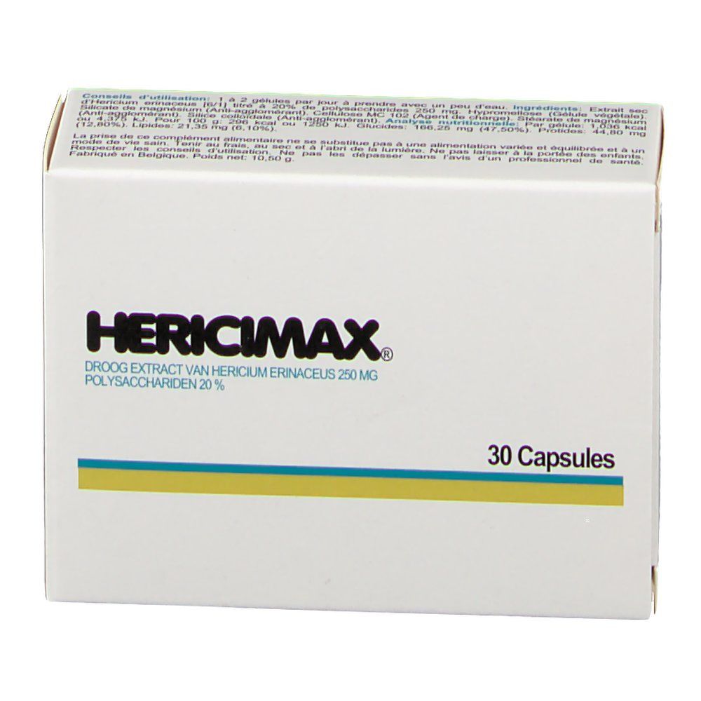 Boîte blanche Hericimax avec logo et texte. Contient 30 capsules. Bande jaune et bleue. Texte: Droog Extract van Hericium Erinaceus 250 mg, Polysaccharides 20%.