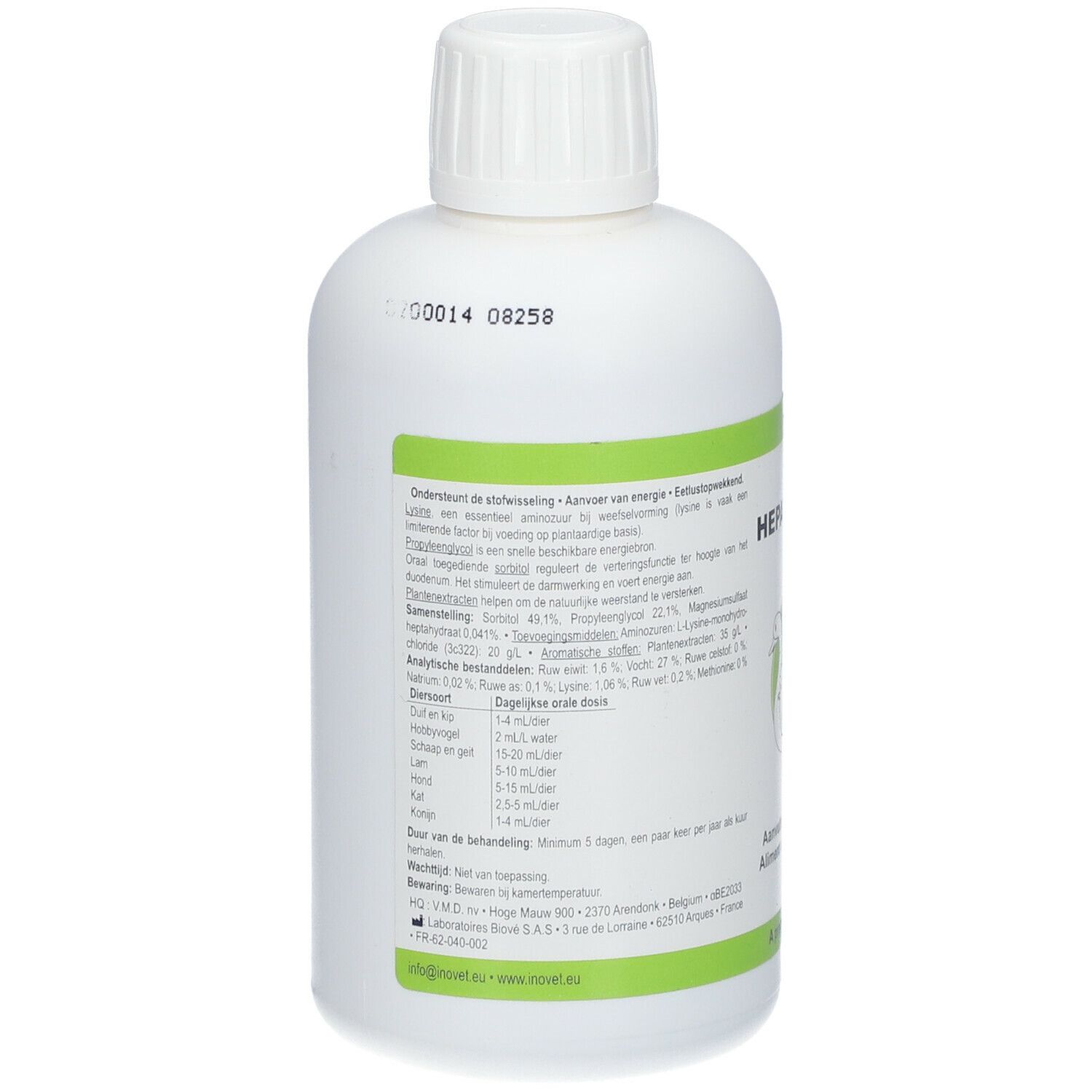Achterkant van de witte fles. Tekstinformatie en ingrediëntenlijst. Groene strook boven en onder. Witte dop.