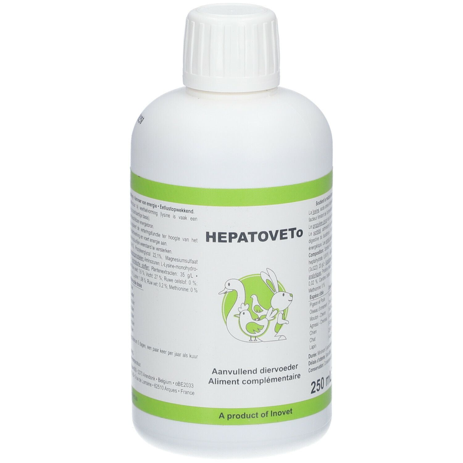 Witte fles met groen etiket. Opschrift: HEPATOVETO. Illustratie van eend en konijn. 250 ml. A product of Inovet.