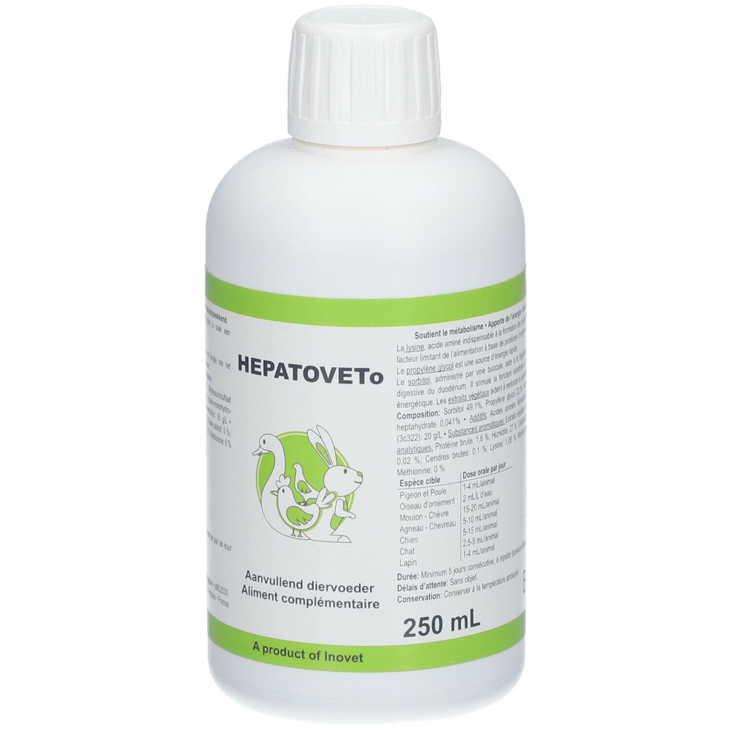 Witte fles met groen etiket. Opschrift: HEPATOVETO. Illustratie van eend en konijn. 250 ml. A product of Inovet.