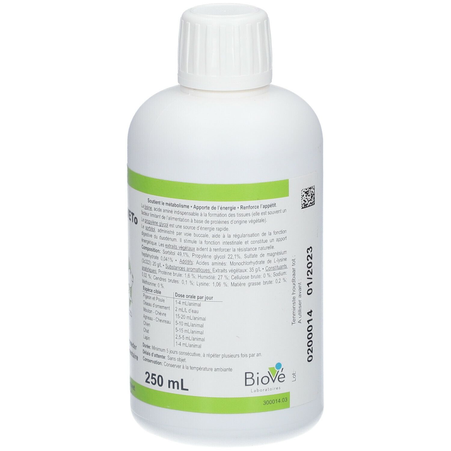 Achterkant van de witte fles. Tekstinformatie, ingrediëntenlijst. Houdbaarheidsdatum 01/2023. Biové logo. Witte dop.