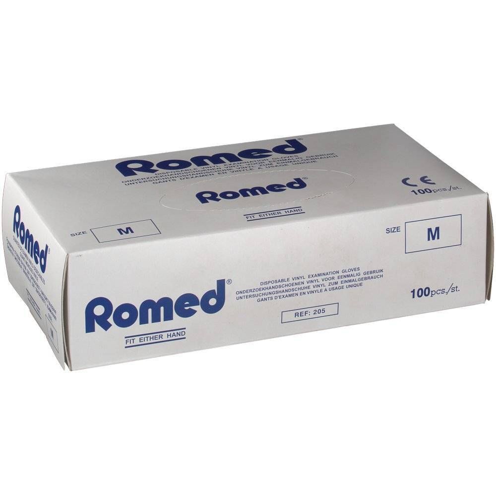 Doos Romed onderzoekshandschoenen. Maat M, 100 stuks. Opschrift: Romed, CE-markering.