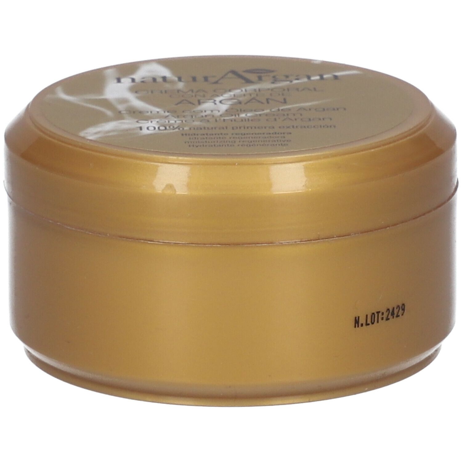 Pot doré avec couvercle. "Natur Argan" est inscrit sur le couvercle.