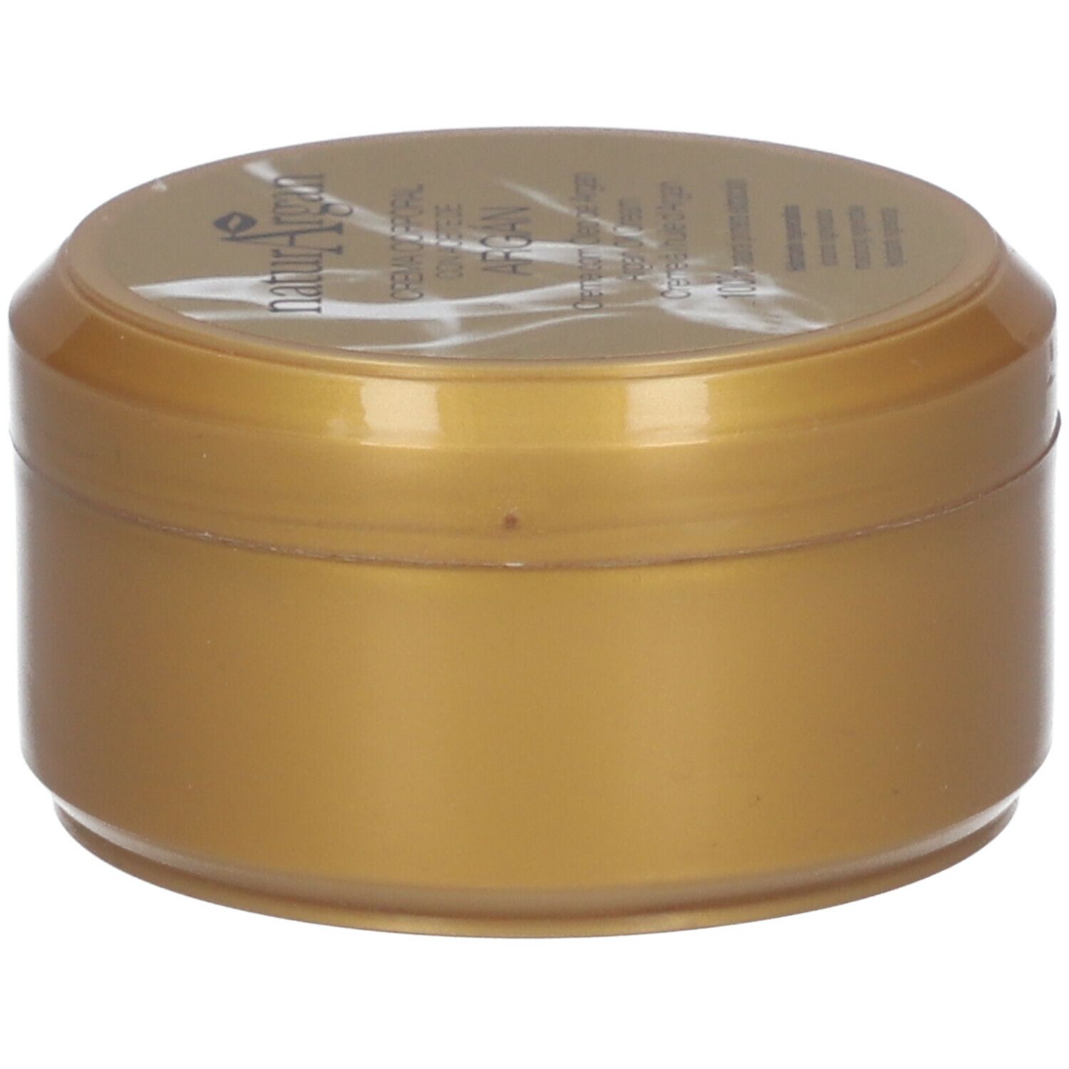Pot doré avec couvercle. "Natur Argan" est inscrit sur le couvercle.