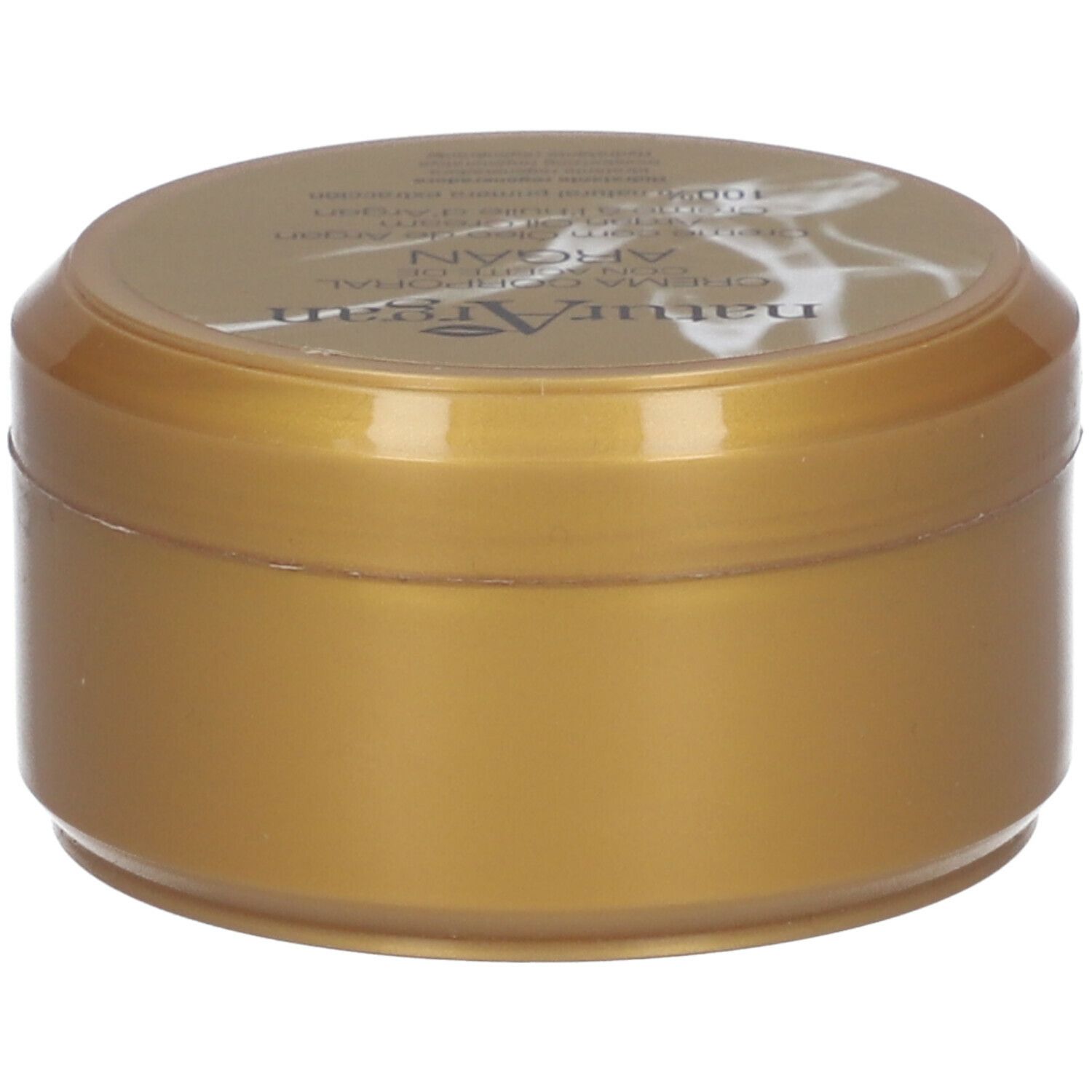 Pot doré avec couvercle. "Natur Argan" est inscrit sur le couvercle.