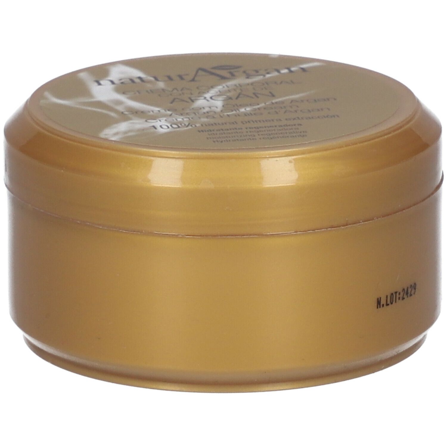 Pot doré avec couvercle. "Natur Argan" est inscrit sur le couvercle.