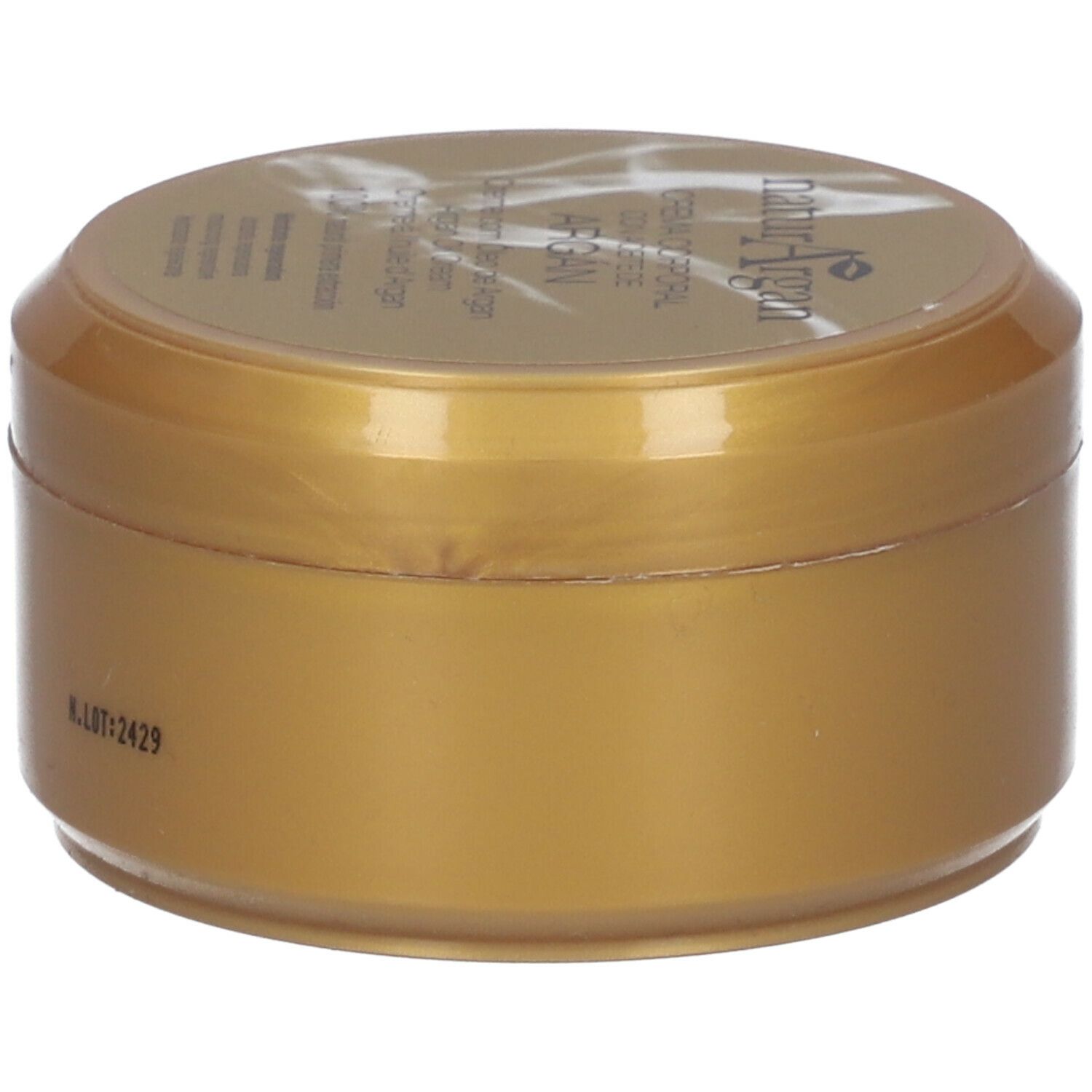 Pot doré avec couvercle. "Natur Argan" est inscrit sur le couvercle.