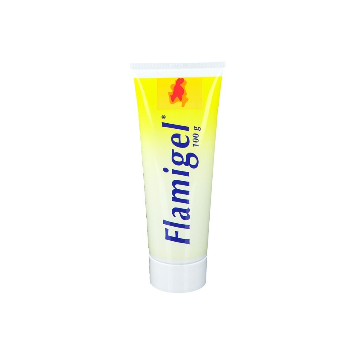 Flamigel 100g Tube mit gelbem Farbverlauf und rotem Symbol.
