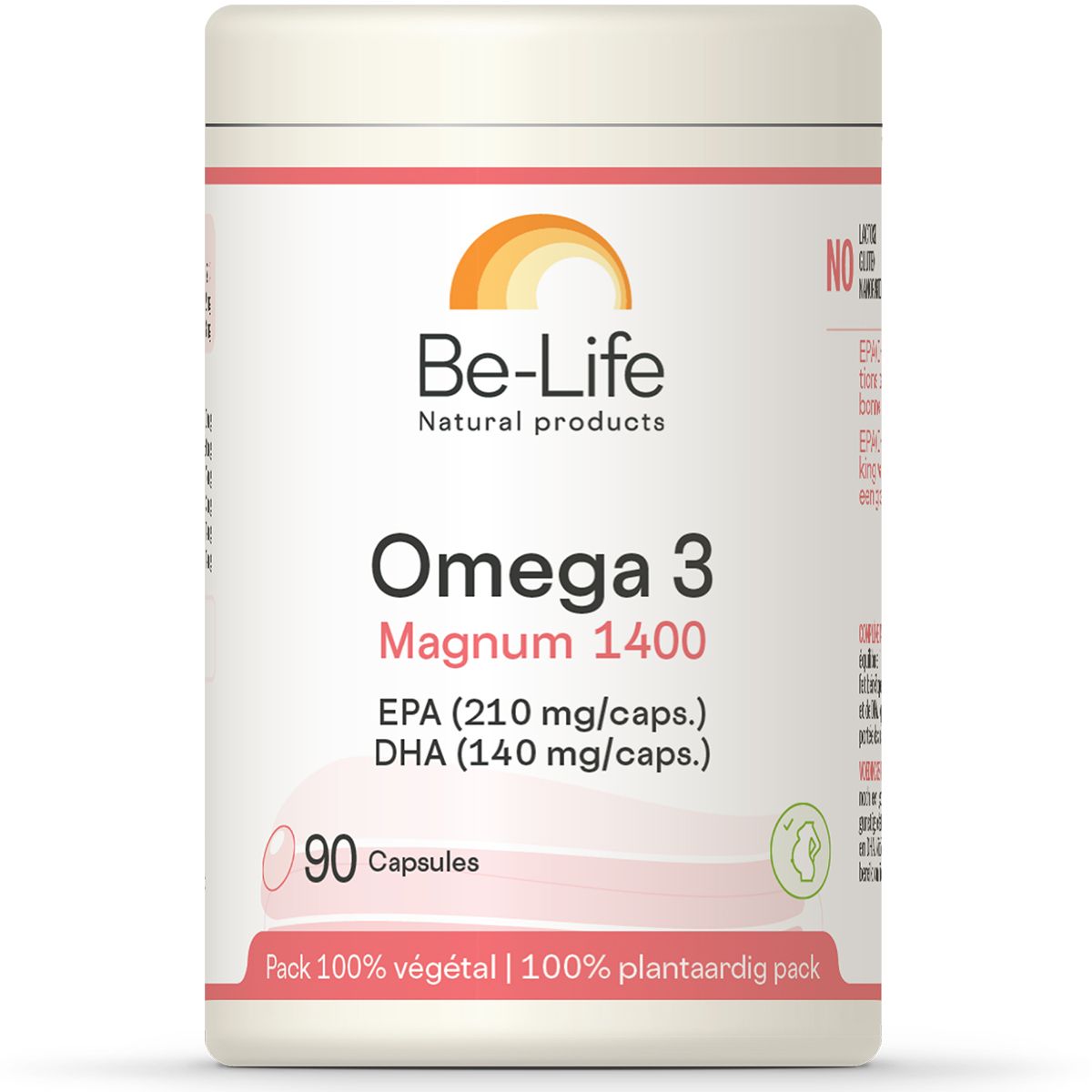 Boîte cylindrique Omega 3 Magnum 1400. Contient 90 capsules. Inscription : Be-Life, Natural products. Emballage 100% végétal.