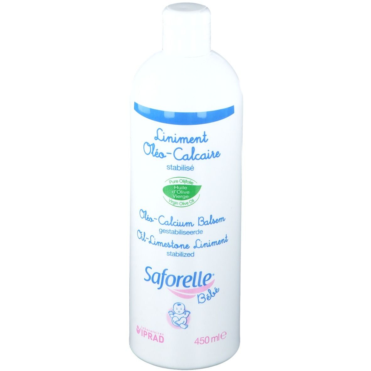 Flacon blanc avec bande bleue et nom du produit. Saforelle Bébé, 450 ml. Inscription : Liniment Oléo-Calcaire.