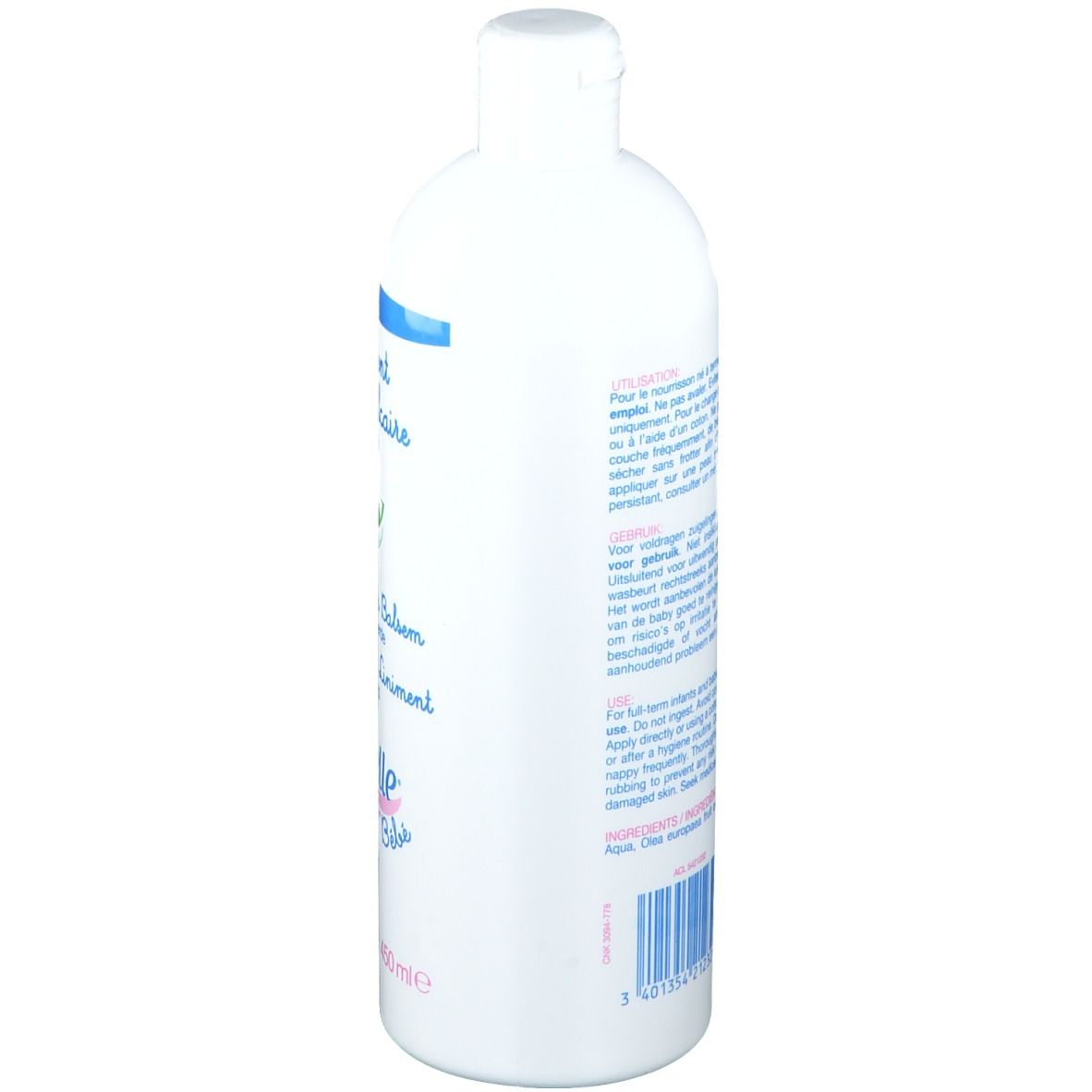 Flacon blanc, vue latérale. Texte en français et néerlandais. Code-barres et ingrédients. Saforelle Bébé.