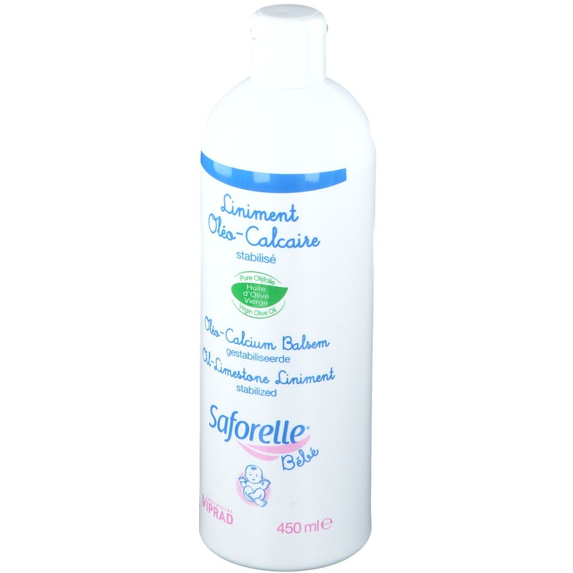 Flacon blanc avec bande bleue et nom du produit. Saforelle Bébé, 450 ml. Inscription : Liniment Oléo-Calcaire.