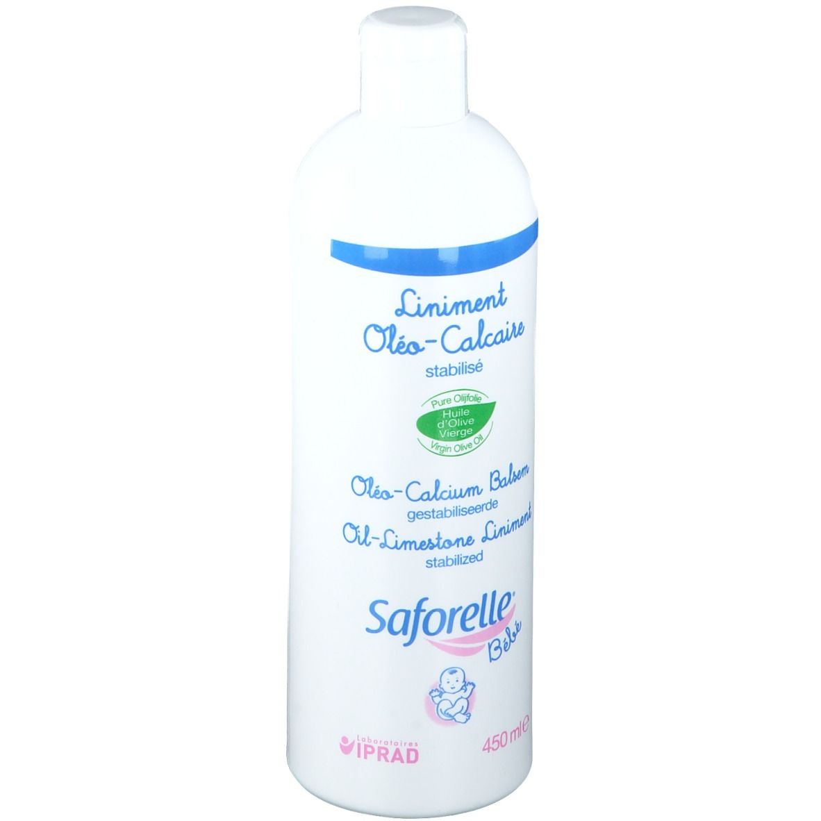 Flacon blanc avec bande bleue et nom du produit. Saforelle Bébé, 450 ml. Inscription : Liniment Oléo-Calcaire.