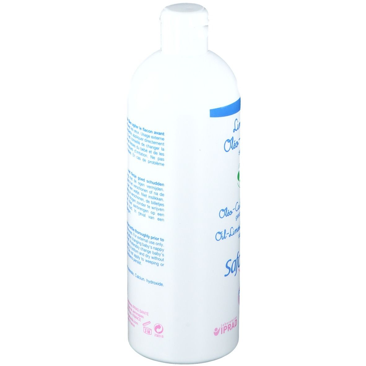 Flacon blanc, vue latérale. Texte en français et néerlandais. Code-barres et ingrédients. Saforelle Bébé.